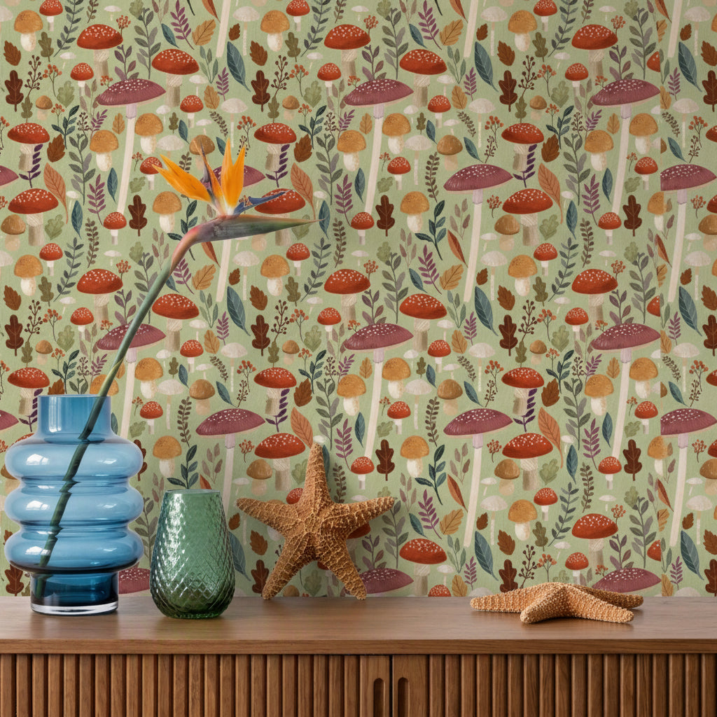 Mushroom Muse Peel and Stick Wallpaper in Green color - pattern number MIAPS5-02 - by Veer Decor in the Mia Charros Peel and Stick Collection collection