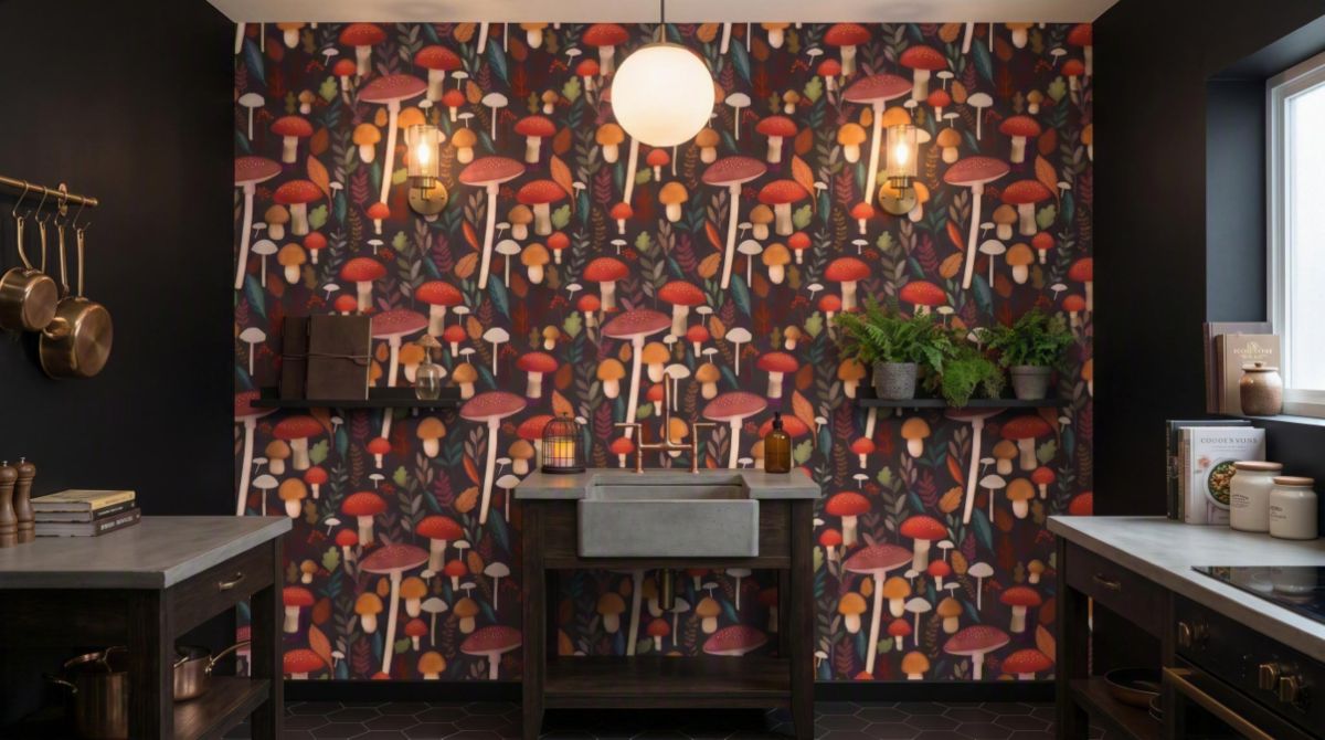 Mushroom Muse Peel and Stick Wallpaper in Black color - pattern number MIAPS5-03 - by Veer Decor in the Mia Charros Peel and Stick Collection collection