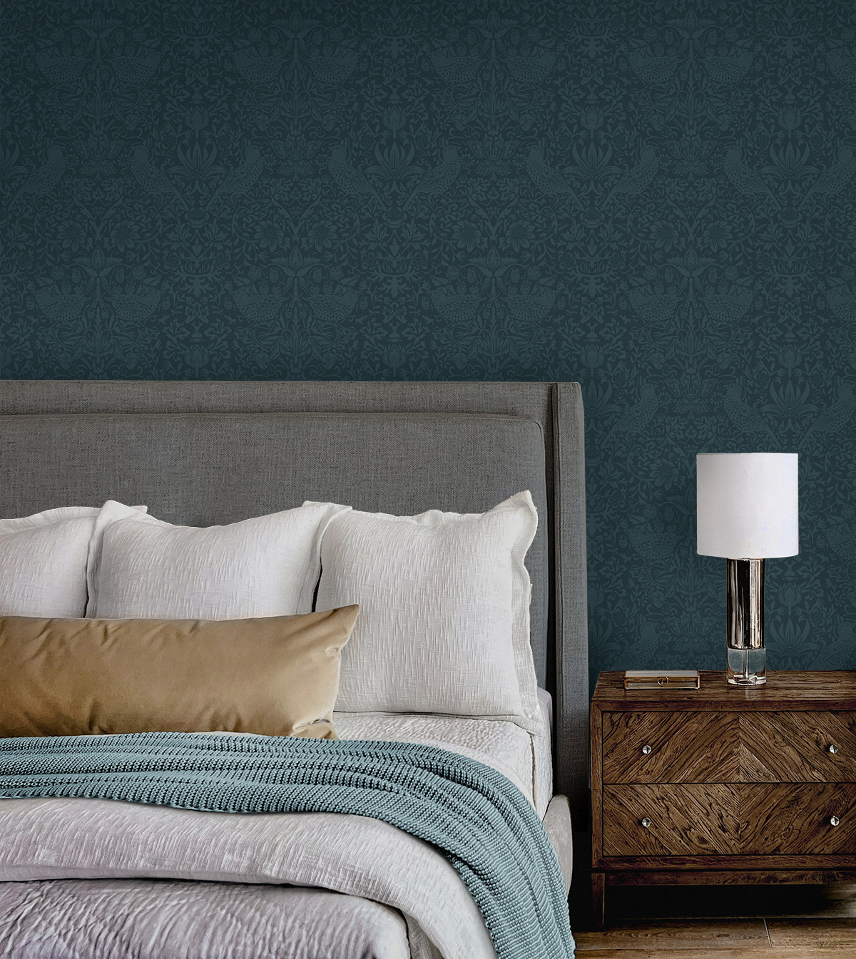 Tonal Bird Garden Peel and Stick wallpaper in slate blue color - pattern number NW54402 - by NextWall in the Peel and Stick Wallpaper by Nextwall collection