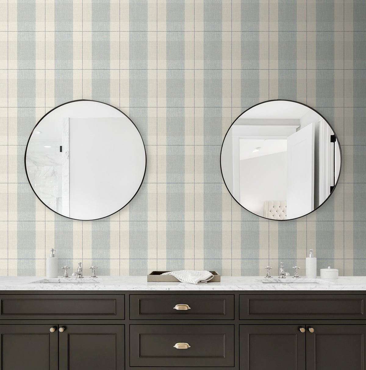 Lenox Hill Plaid Peel and Stick wallpaper in blue and beige color - pattern number NW56902 - by NextWall in the Peel and Stick Wallpaper by Nextwall collection