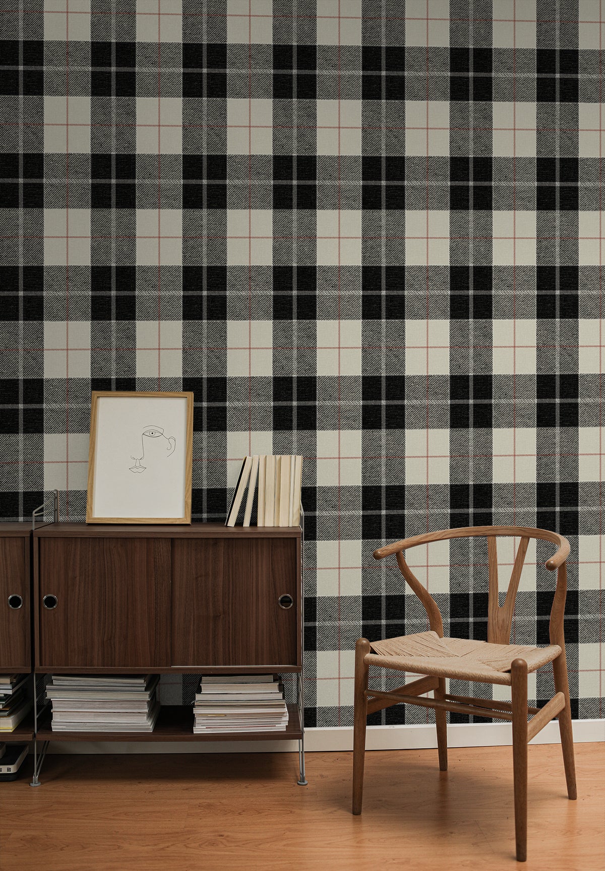 Altarinda Plaid Peel and Stick wallpaper in blacksmith and red color - pattern number NW58100 - by NextWall in the Peel and Stick Wallpaper by Nextwall collection