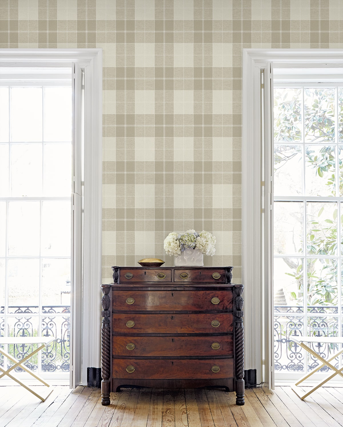 Altarinda Plaid Peel and Stick wallpaper in creme brulee color - pattern number NW58110 - by NextWall in the Peel and Stick Wallpaper by Nextwall collection