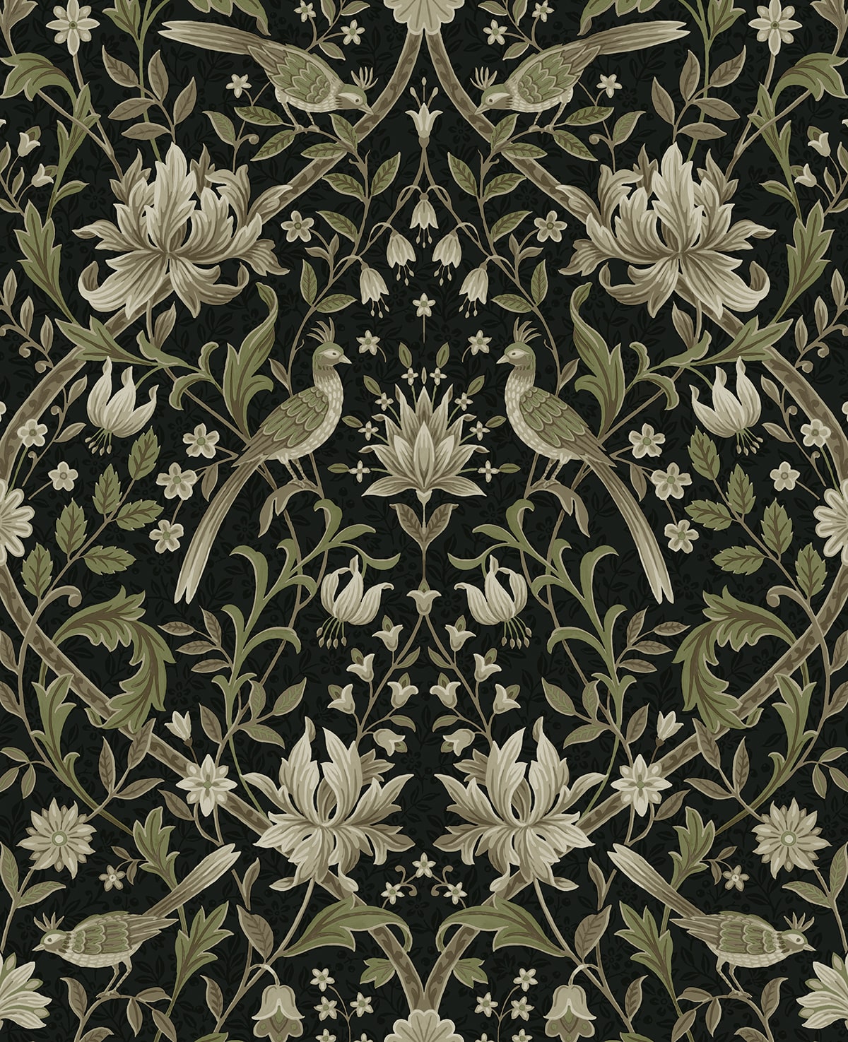 Vintage Bird Ogee Peel and Stick wallpaper in ebony and rosemary color - pattern number NW58300 - by NextWall in the Peel and Stick Wallpaper by Nextwall collection
