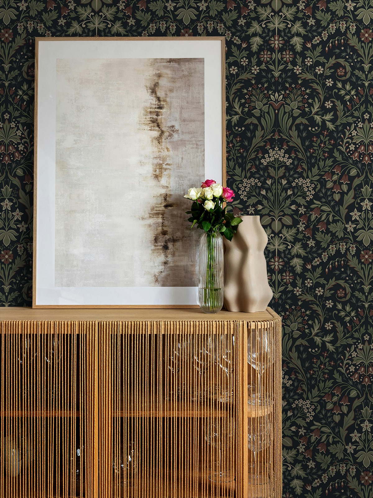 Filigree Floral Peel and Stick wallpaper in midnight blue and sage color - pattern number NW58402 - by NextWall in the Peel and Stick Wallpaper by Nextwall collection