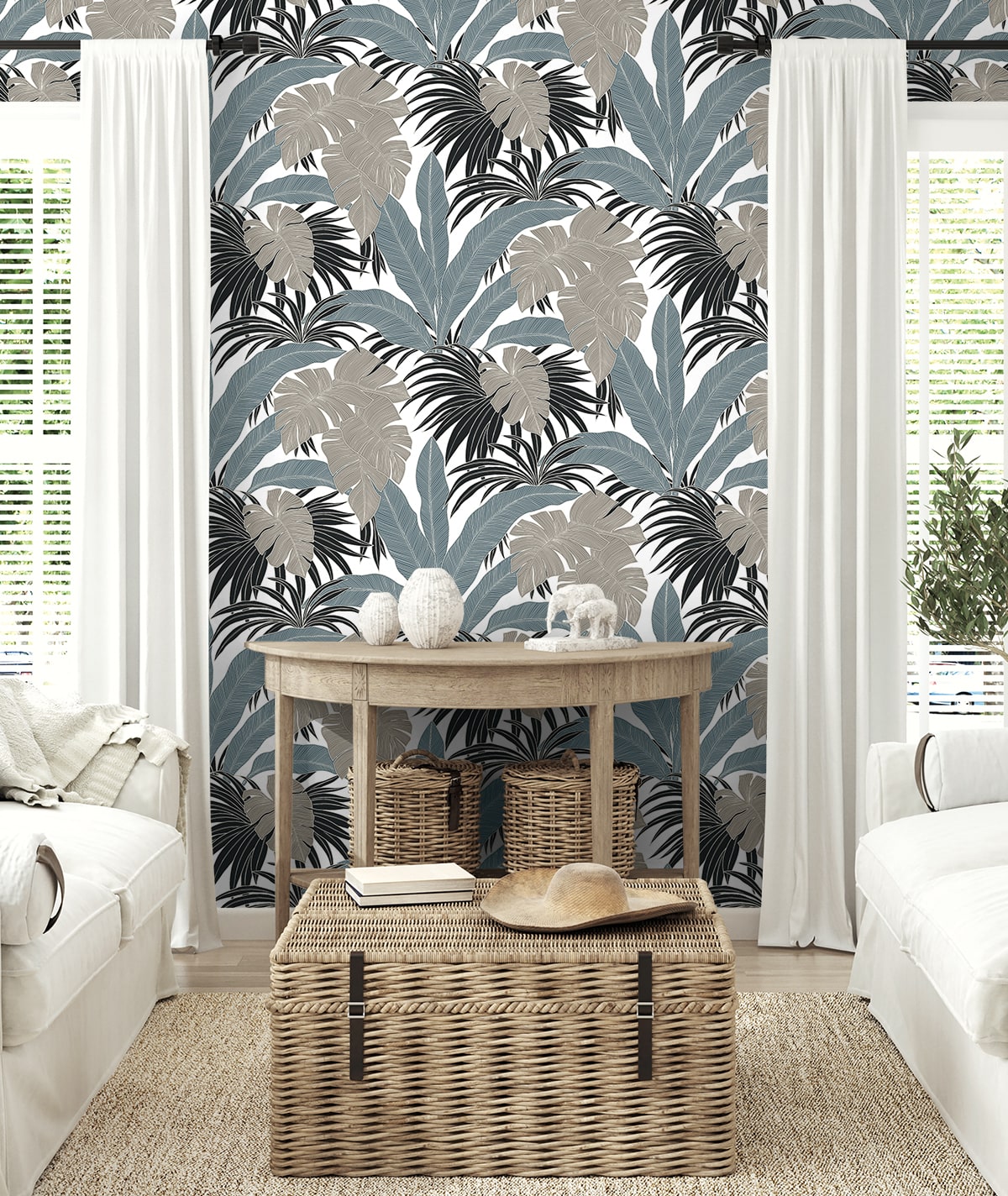 Laguna Leaf Peel and Stick wallpaper in bluestone and grey color - pattern number NW58708 - by NextWall in the Peel and Stick Wallpaper by Nextwall collection
