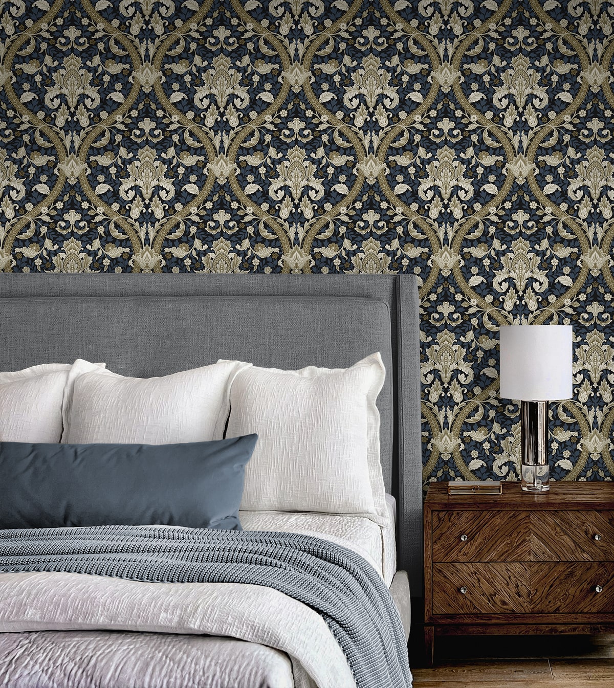 Acanthus Ogee Peel and Stick wallpaper in blue and natural color - pattern number NW59002 - by NextWall in the Peel and Stick Wallpaper by Nextwall collection