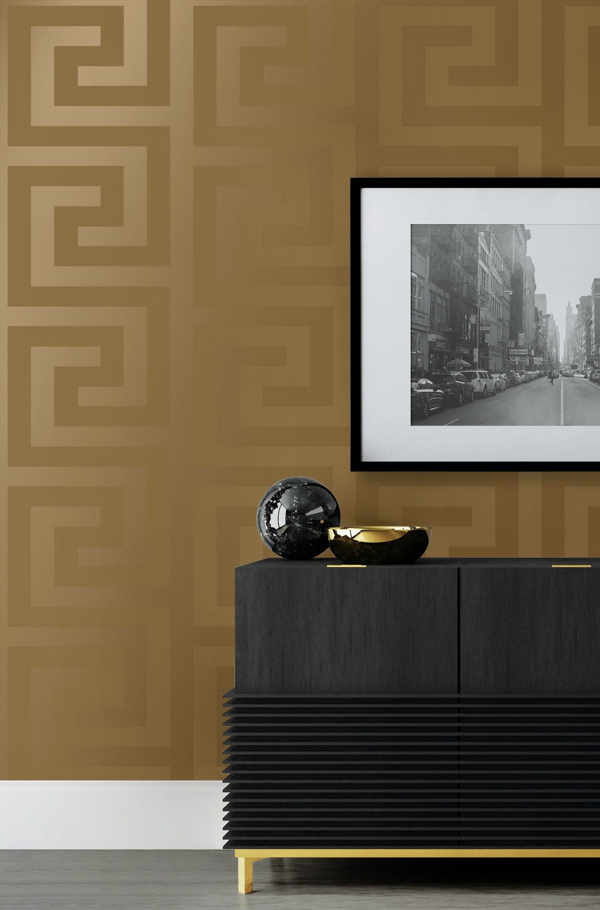 Geometric Maze Peel and Stick wallpaper in antique gold color - pattern number NW59405 - by NextWall in the Peel and Stick Wallpaper by Nextwall collection