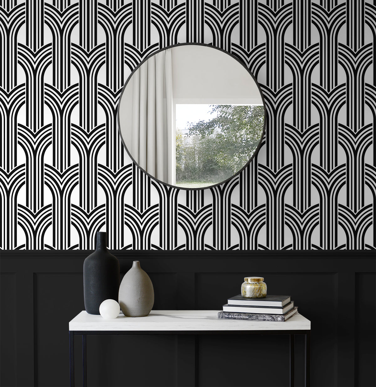 Geometric Arches Peel and Stick wallpaper in ebony and lace color - pattern number NW59520 - by NextWall in the Peel and Stick Wallpaper by Nextwall collection