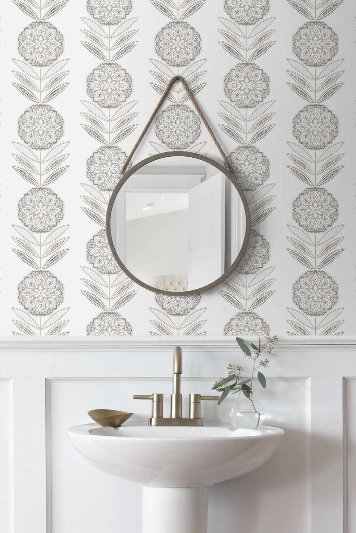 Folk Flowers Peel and Stick wallpaper in morning fog color - pattern number NW59900 - by NextWall in the Peel and Stick Wallpaper by Nextwall collection