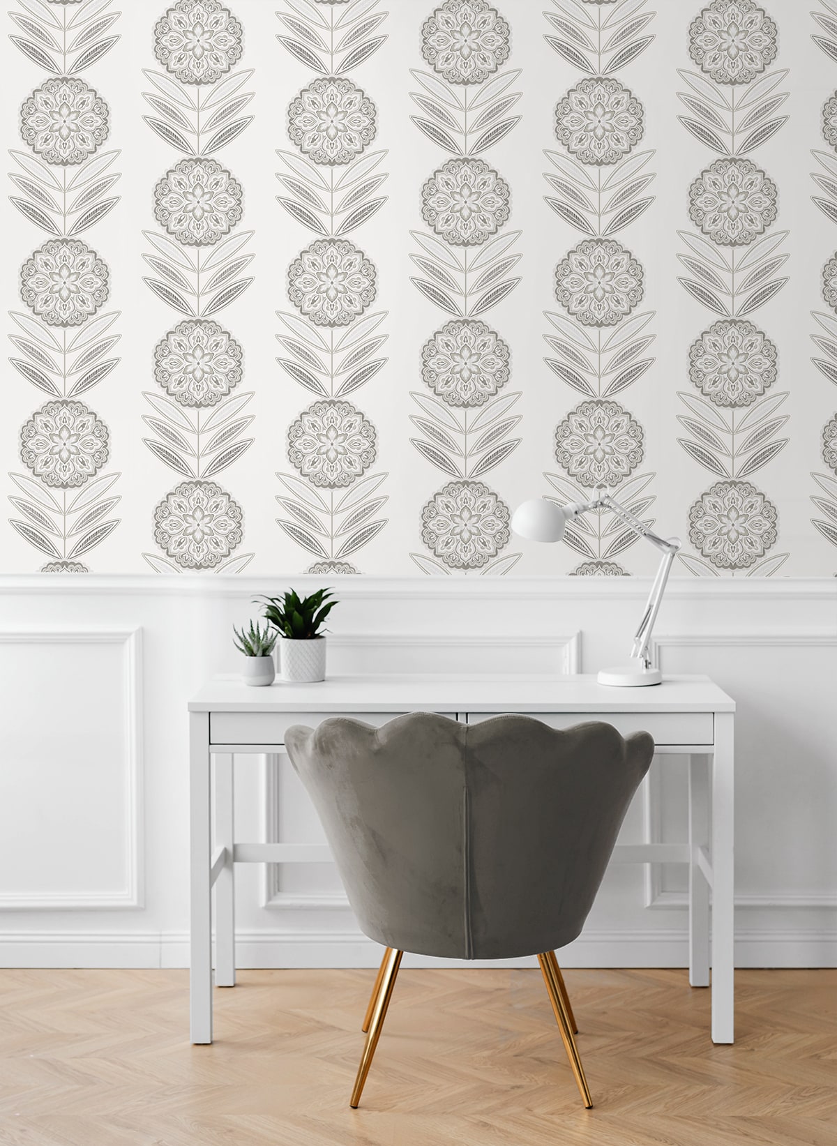 Folk Flowers Peel and Stick wallpaper in morning fog color - pattern number NW59900 - by NextWall in the Peel and Stick Wallpaper by Nextwall collection