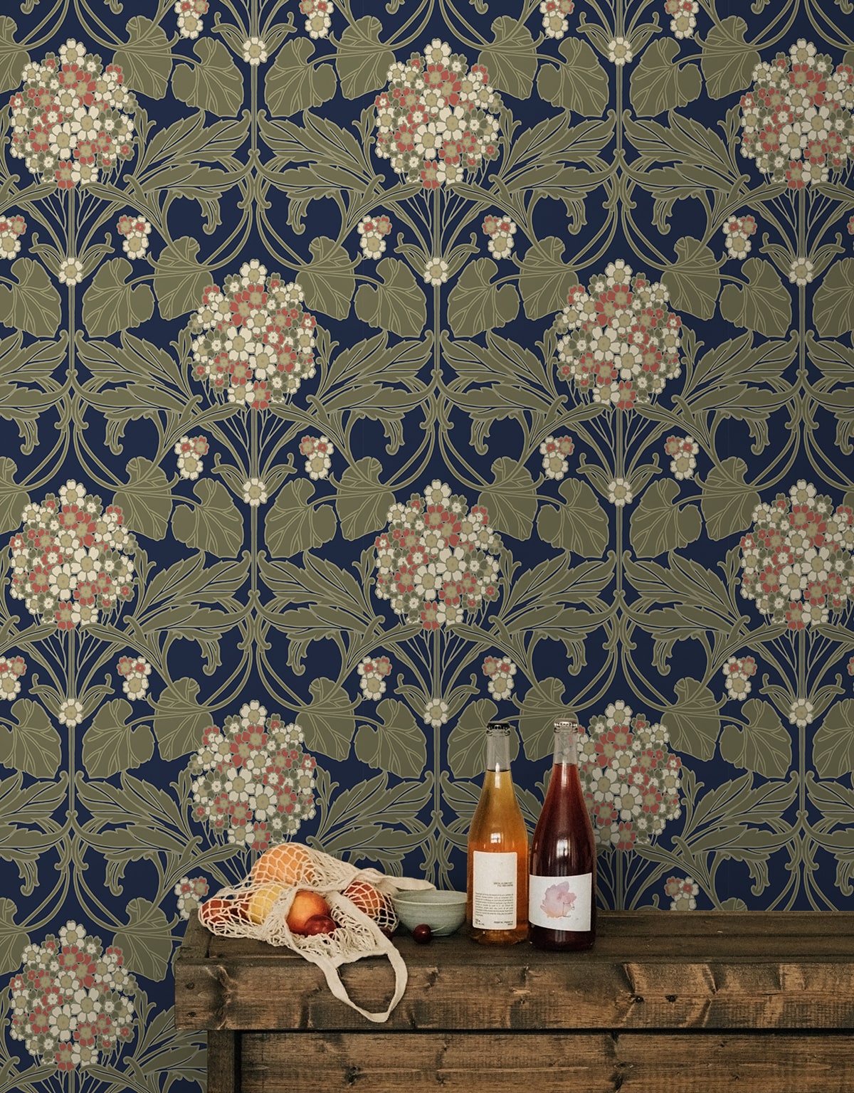 Hydrangea Floral Peel and Stick wallpaper in dark blue and terra cotta color - pattern number NW60402 - by NextWall in the Peel and Stick Wallpaper by Nextwall collection