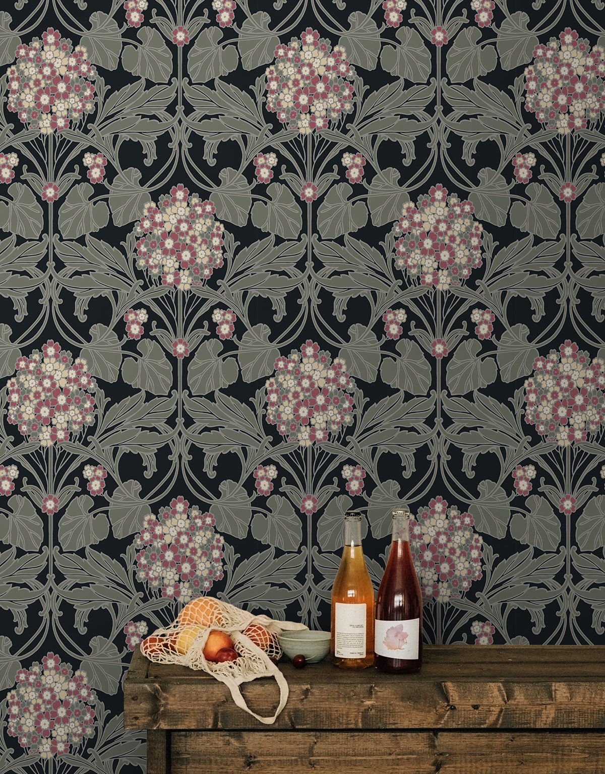 Hydrangea Floral Peel and Stick wallpaper in black and rosewood color - pattern number NW60410 - by NextWall in the Peel and Stick Wallpaper by Nextwall collection