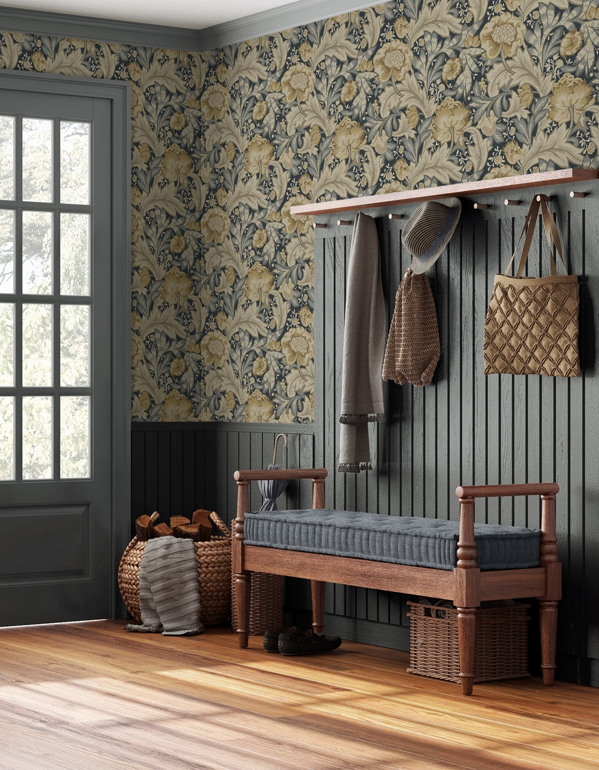 Acanthus Garden Floral Peel and Stick wallpaper in midnight blue and neutral color - pattern number NW60508 - by NextWall in the Peel and Stick Wallpaper by Nextwall collection
