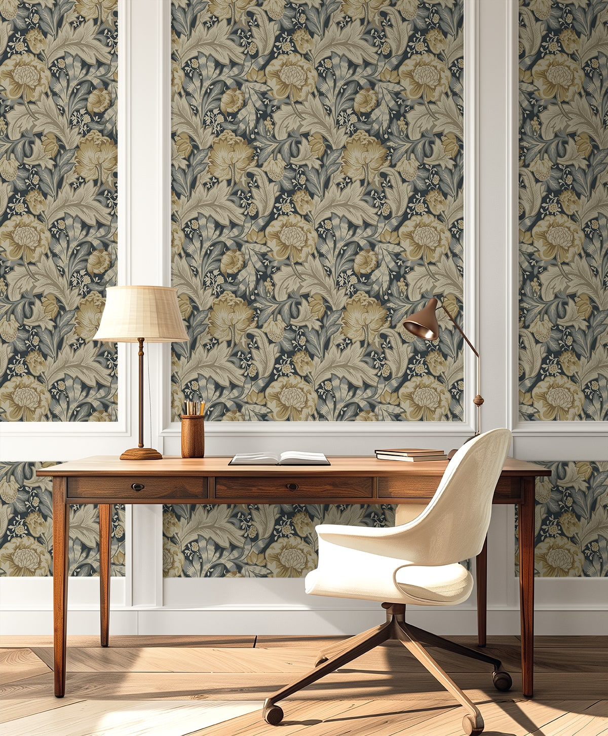 Acanthus Garden Floral Peel and Stick wallpaper in midnight blue and neutral color - pattern number NW60508 - by NextWall in the Peel and Stick Wallpaper by Nextwall collection