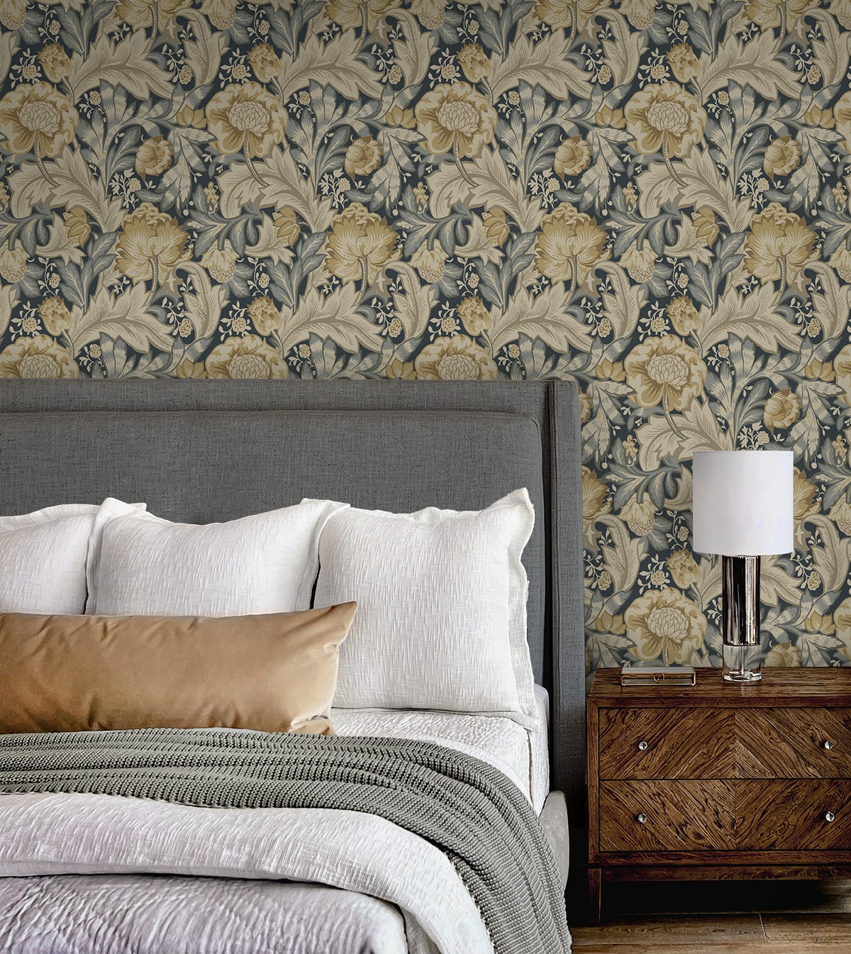 Acanthus Garden Floral Peel and Stick wallpaper in midnight blue and neutral color - pattern number NW60508 - by NextWall in the Peel and Stick Wallpaper by Nextwall collection