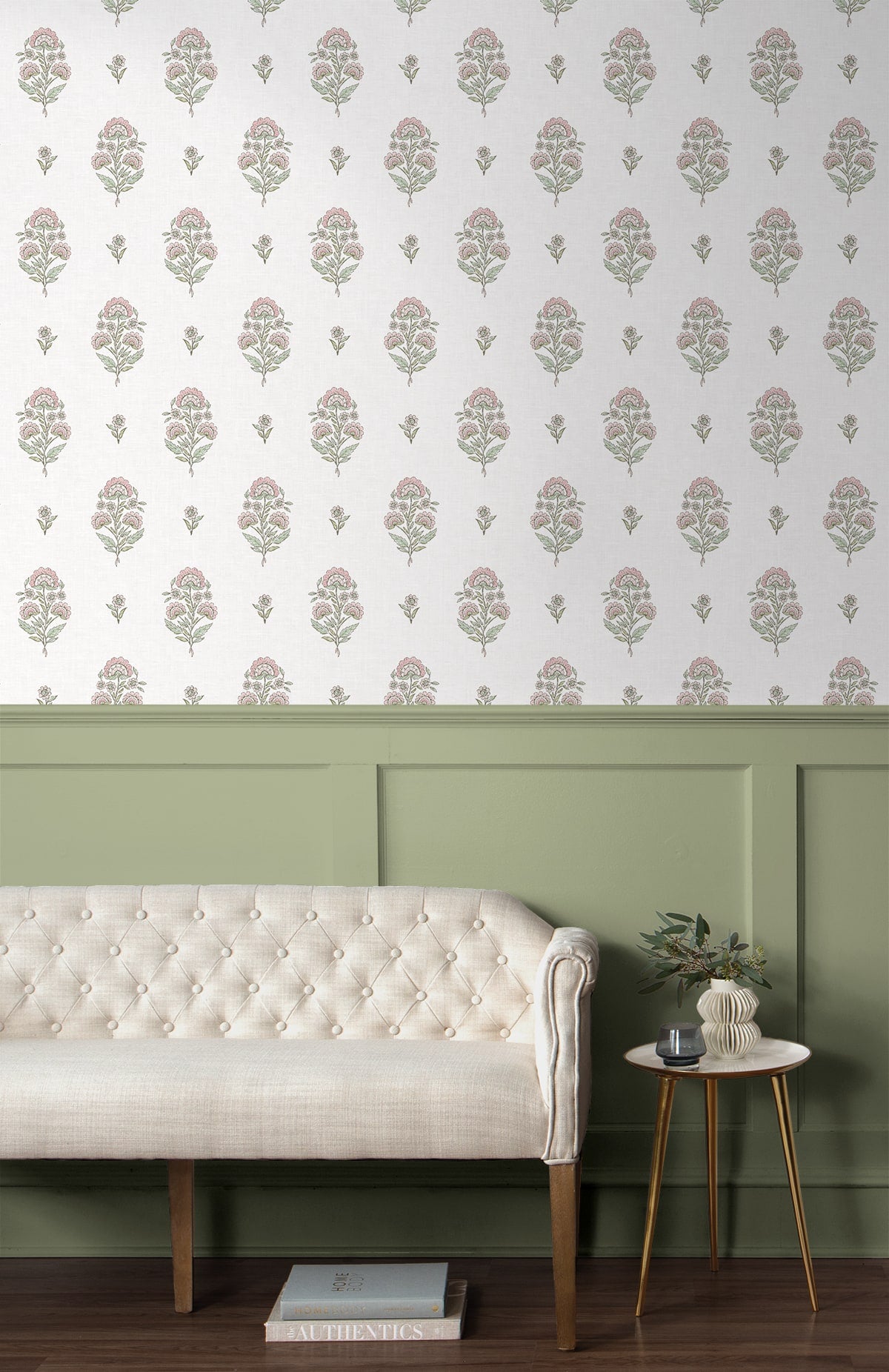 Floral Spot Peel and Stick wallpaper in blush and basil color - pattern number NW60701 - by NextWall in the Peel and Stick Wallpaper by Nextwall collection