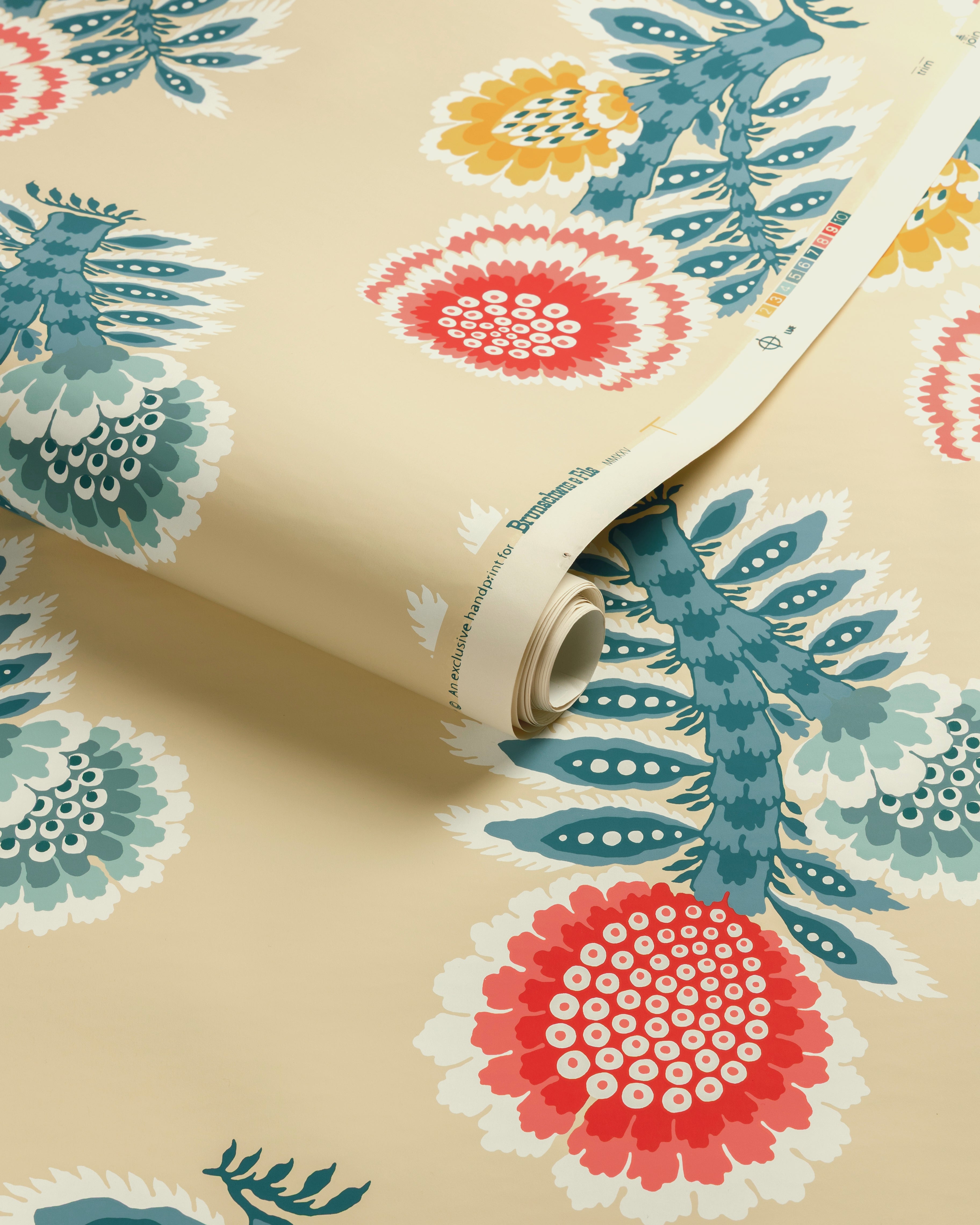 Kumaly Wallpaper in beige, red, blue color - pattern number P8025111.195.0 - by Brunschwig and Fils in the Jardin De Maclot collection