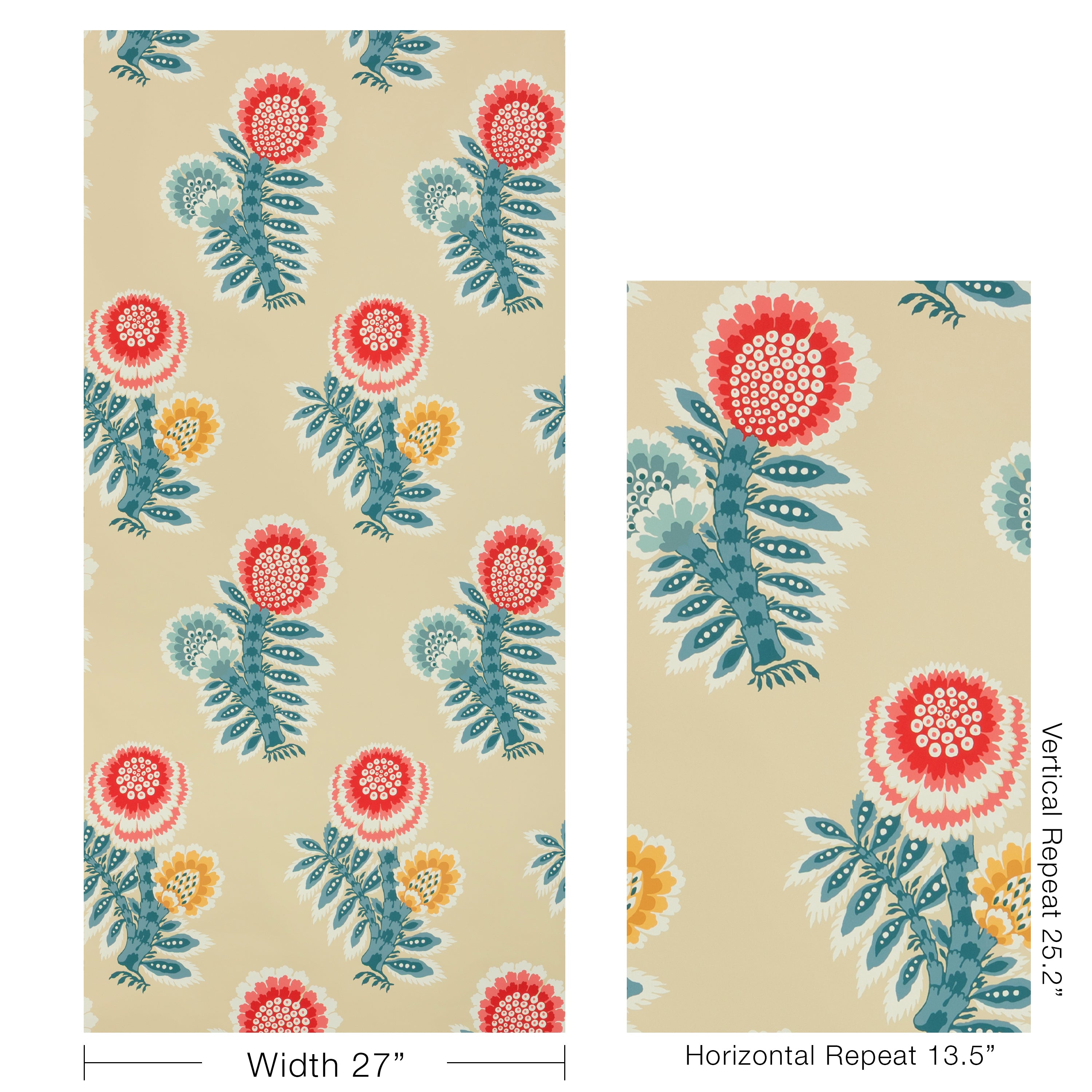Kumaly Wallpaper in beige, red, blue color - pattern number P8025111.195.0 - by Brunschwig and Fils in the Jardin De Maclot collection