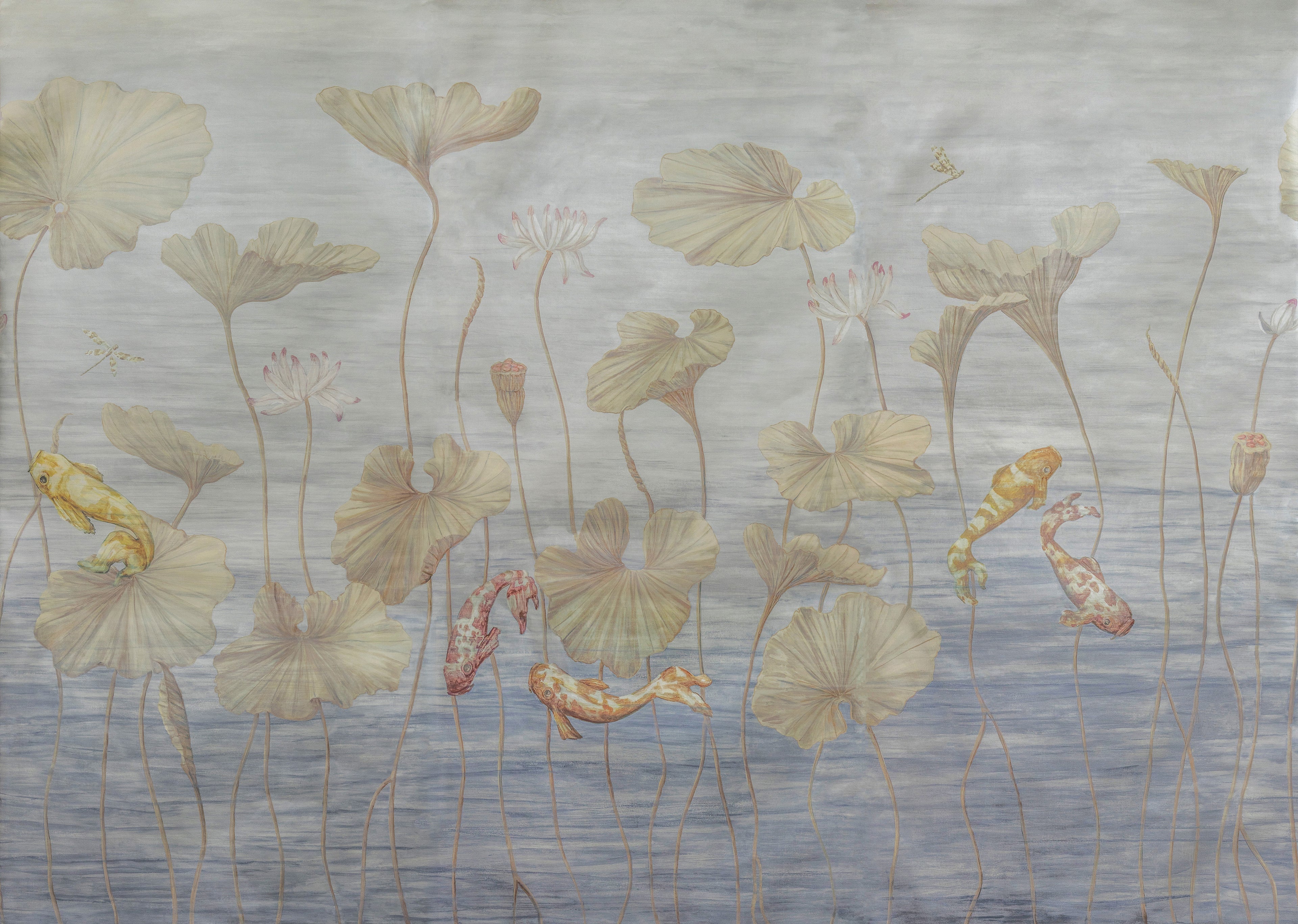 Koi Pond 3 Panel Mural in slate and metallic color - pattern number P8026101.11.0 - by Brunschwig and Fils in the Les Paysages Murals collection