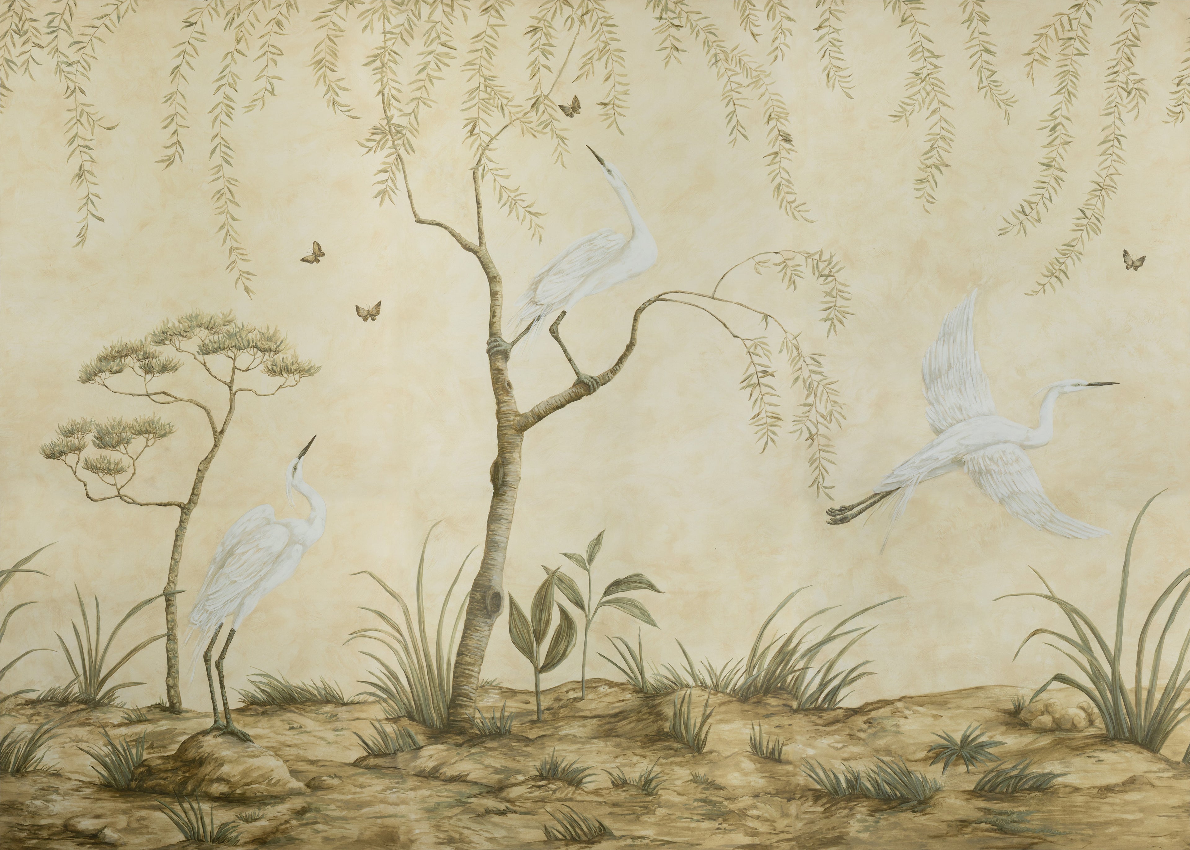 Egret Marsh 3 Panel Mural in sand color - pattern number P8026102.1116.0 - by Brunschwig and Fils in the Les Paysages Murals collection