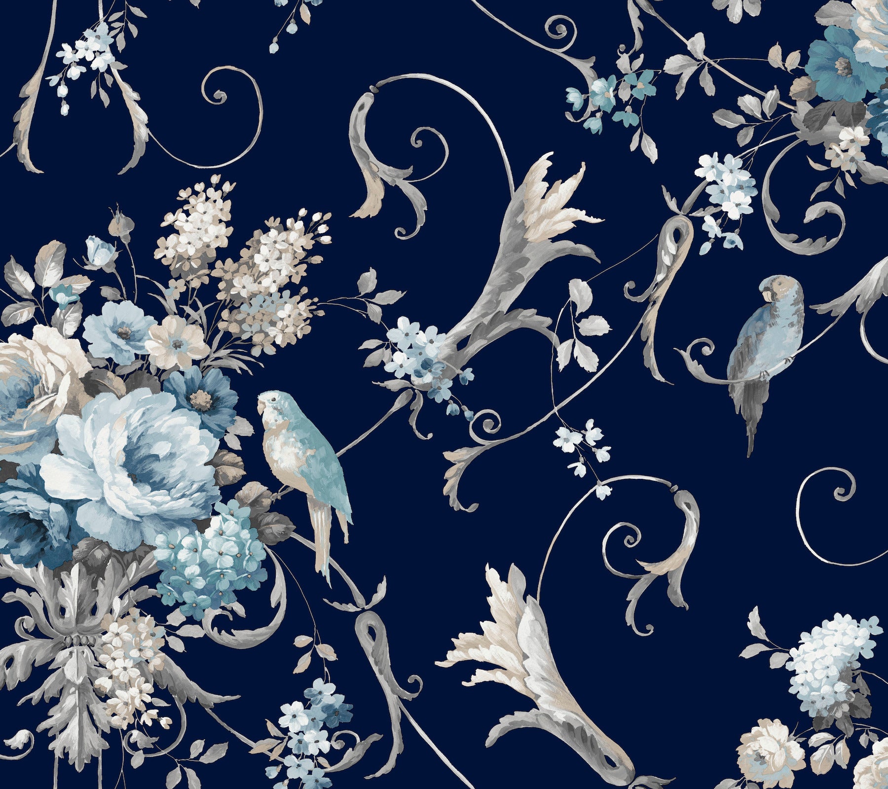 Parrots with Floral Bouquets Peel and Stick wallpaper in navy color - pattern number PSW1360RL - by York in the Vintage Florals Peel and Stick Wallpaper collection