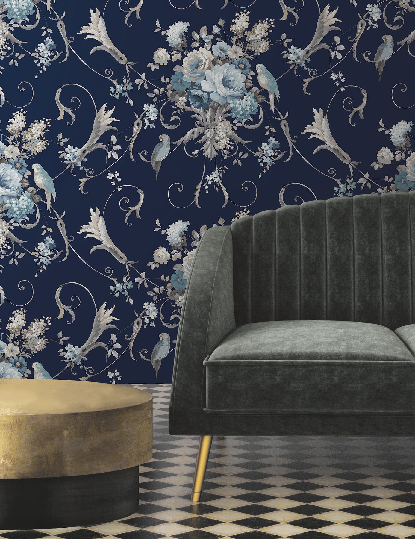 Parrots with Floral Bouquets Peel and Stick wallpaper in navy color - pattern number PSW1360RL - by York in the Vintage Florals Peel and Stick Wallpaper collection