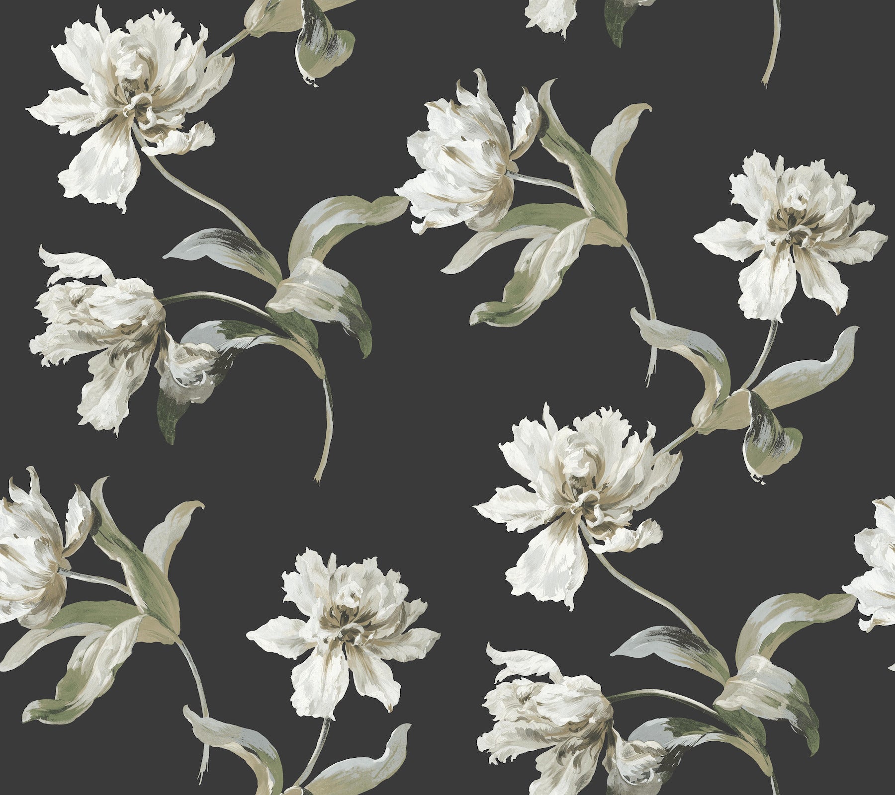 Large Parrot Tulip Peel and Stick wallpaper in black color - pattern number PSW1372RL - by York in the Vintage Florals Peel and Stick Wallpaper collection