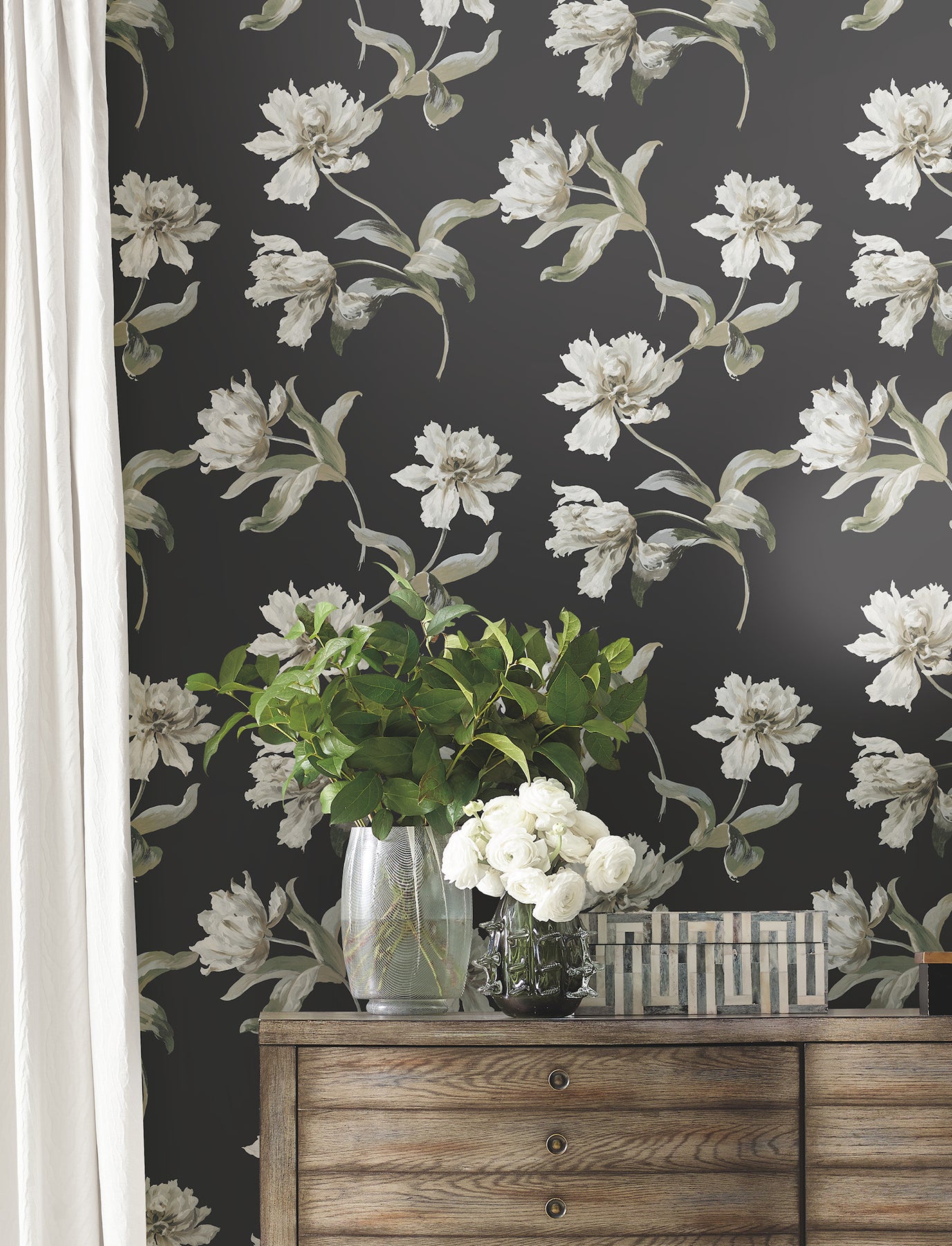 Large Parrot Tulip Peel and Stick wallpaper in black color - pattern number PSW1372RL - by York in the Vintage Florals Peel and Stick Wallpaper collection