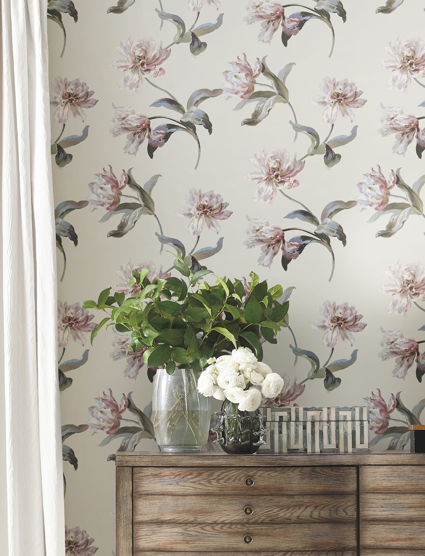 Large Parrot Tulip Peel and Stick wallpaper in neutral color - pattern number PSW1373RL - by York in the Vintage Florals Peel and Stick Wallpaper collection
