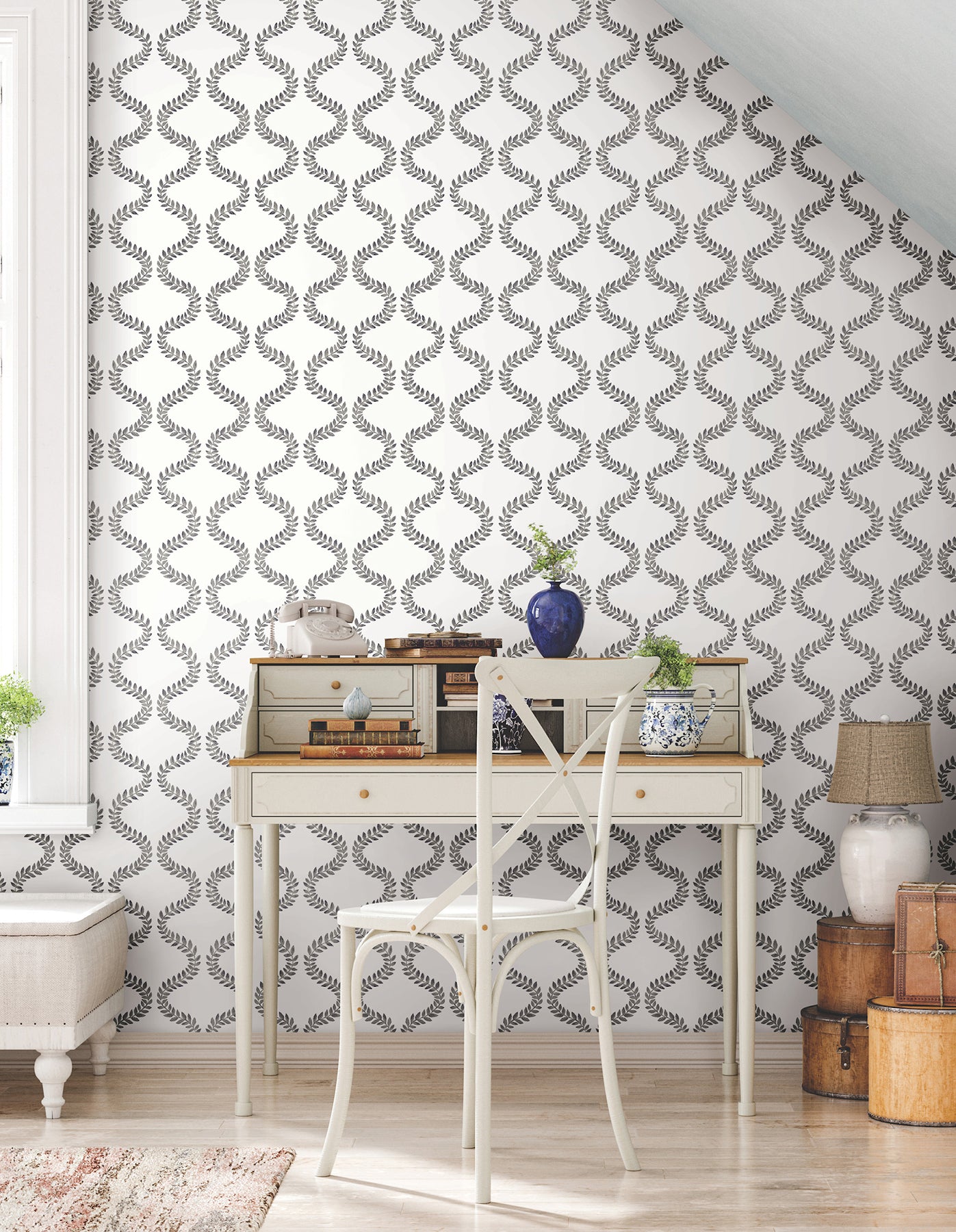 Florentine Vine Trellis Peel and Stick wallpaper in soft black color - pattern number PSW1572RL - by York in the Mirth Studio Peel and Stick Wallpaper collection