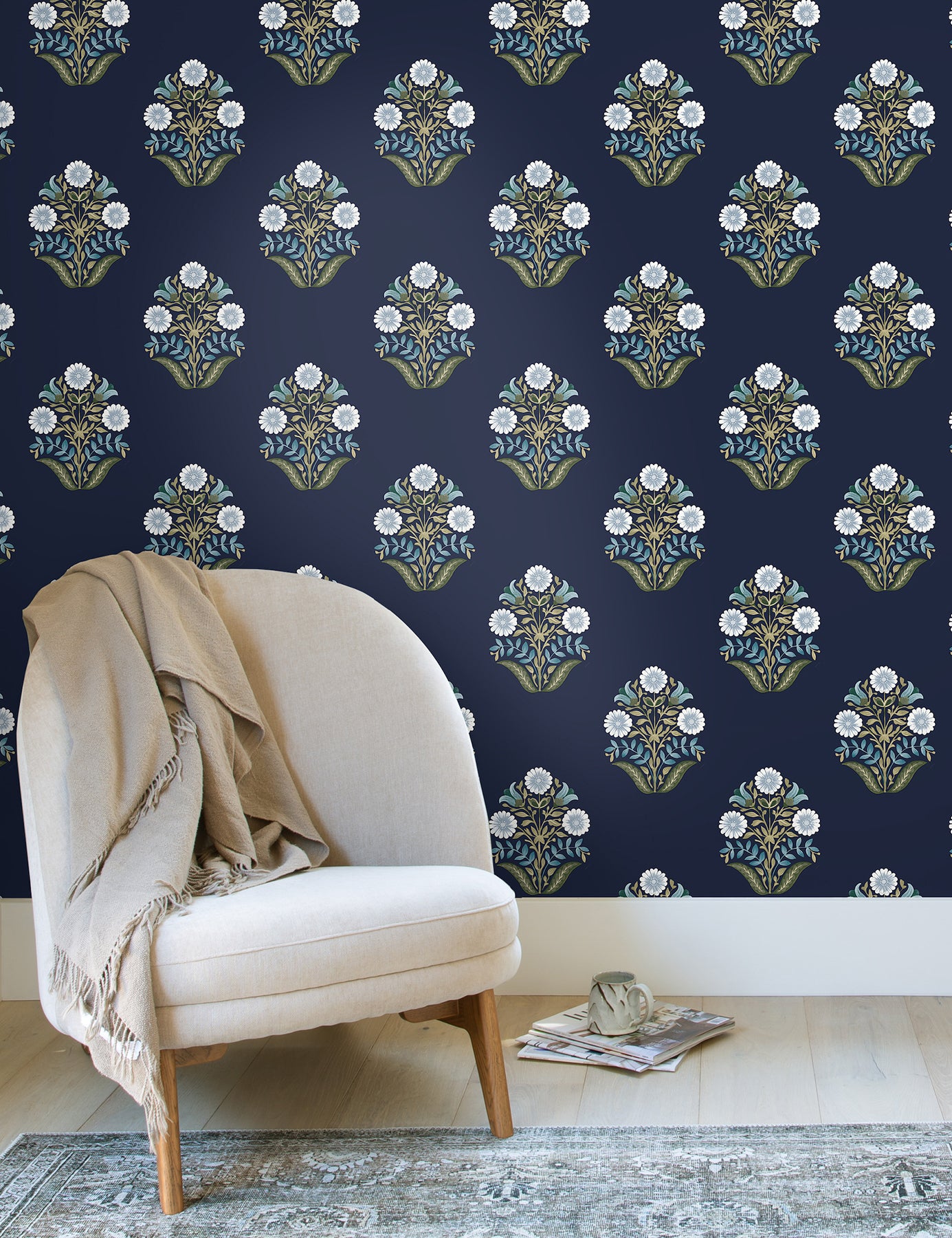 Sophie Floral Medallion Peel and Stick wallpaper in navy color - pattern number PSW1576RL - by York in the Mirth Studio Peel and Stick Wallpaper collection