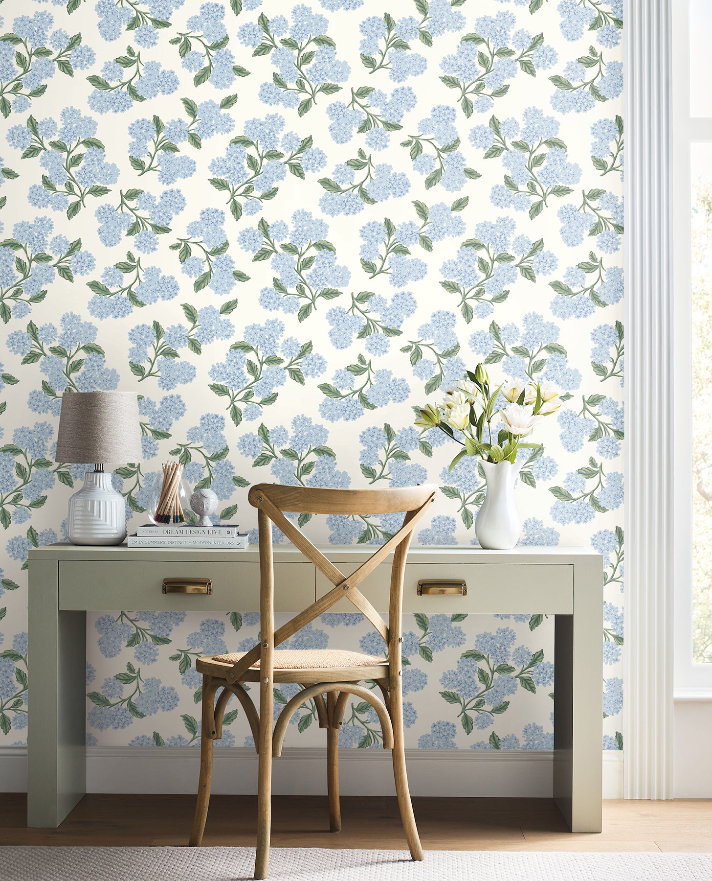 Hydrangea Peel and Stick wallpaper in blue & white color - pattern number PSW1617RL - by Rifle Paper Co in the Rifle Paper Co Fourth Edition Peel and Stick Wallpaper collection