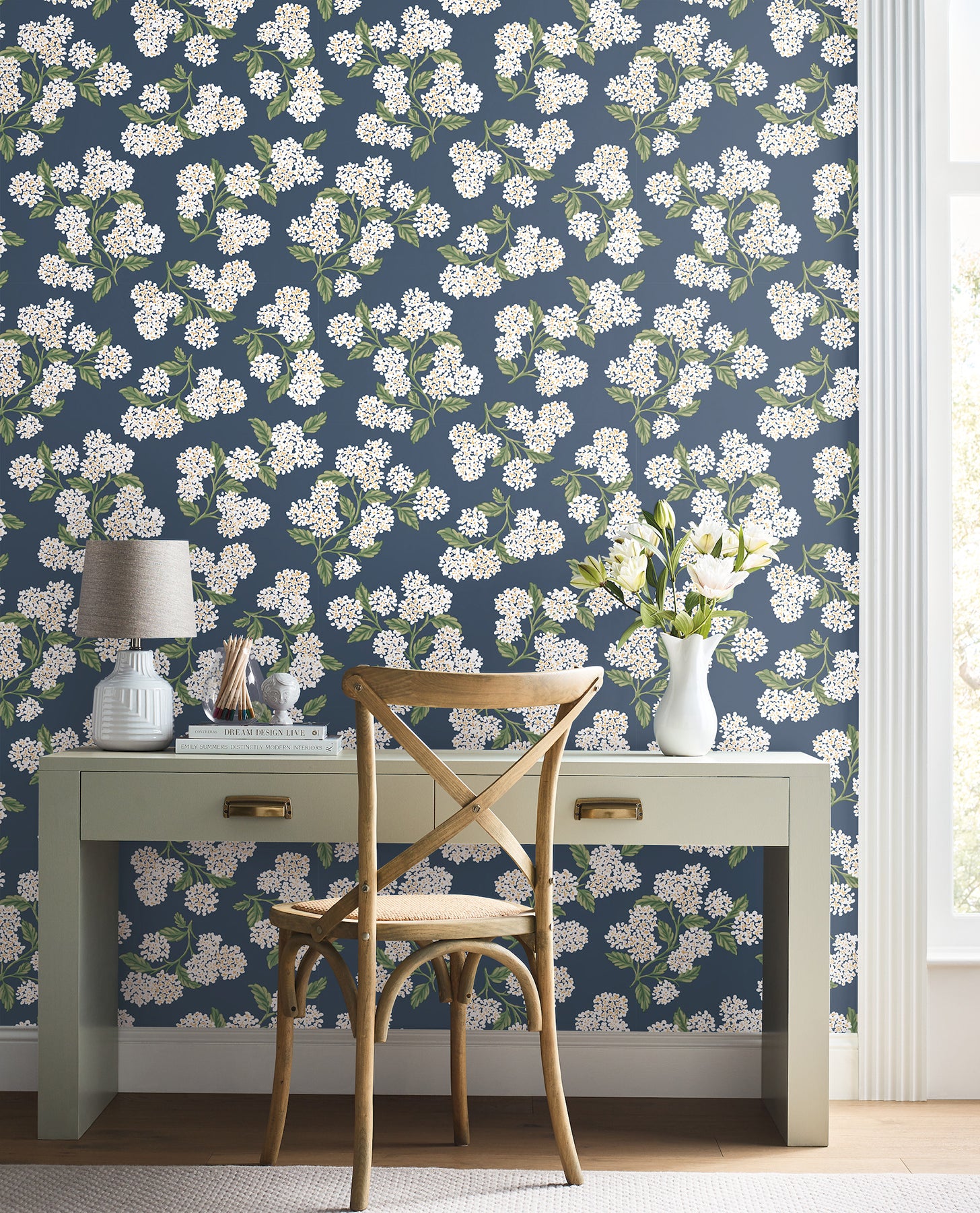 Hydrangea Peel and Stick wallpaper in navy & white metallic color - pattern number PSW1619RL - by Rifle Paper Co in the Rifle Paper Co Fourth Edition Peel and Stick Wallpaper collection