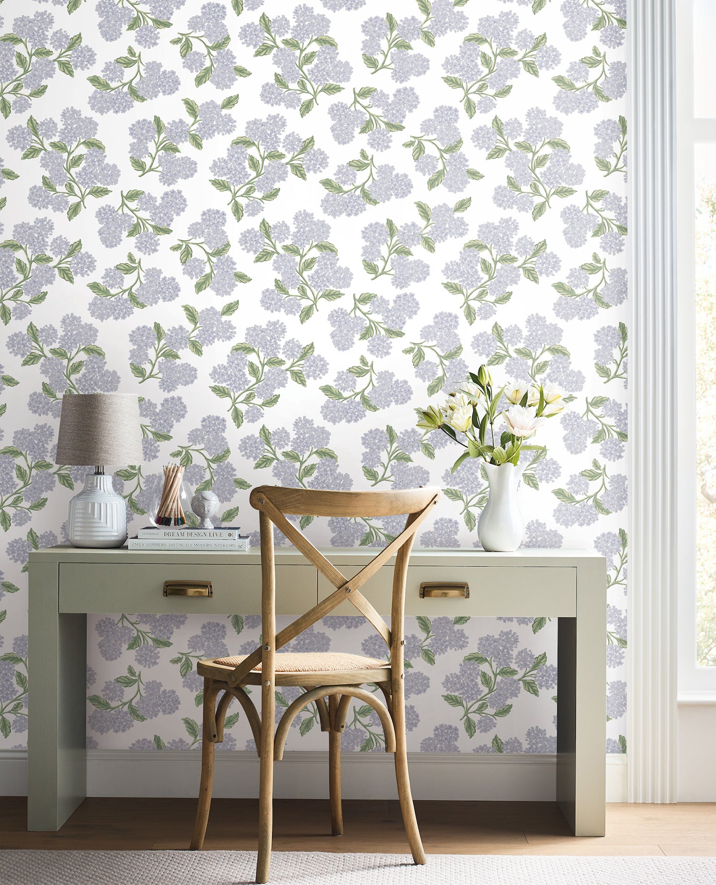 Hydrangea Peel and Stick wallpaper in lilac & white color - pattern number PSW1621RL - by Rifle Paper Co in the Rifle Paper Co Fourth Edition Peel and Stick Wallpaper collection