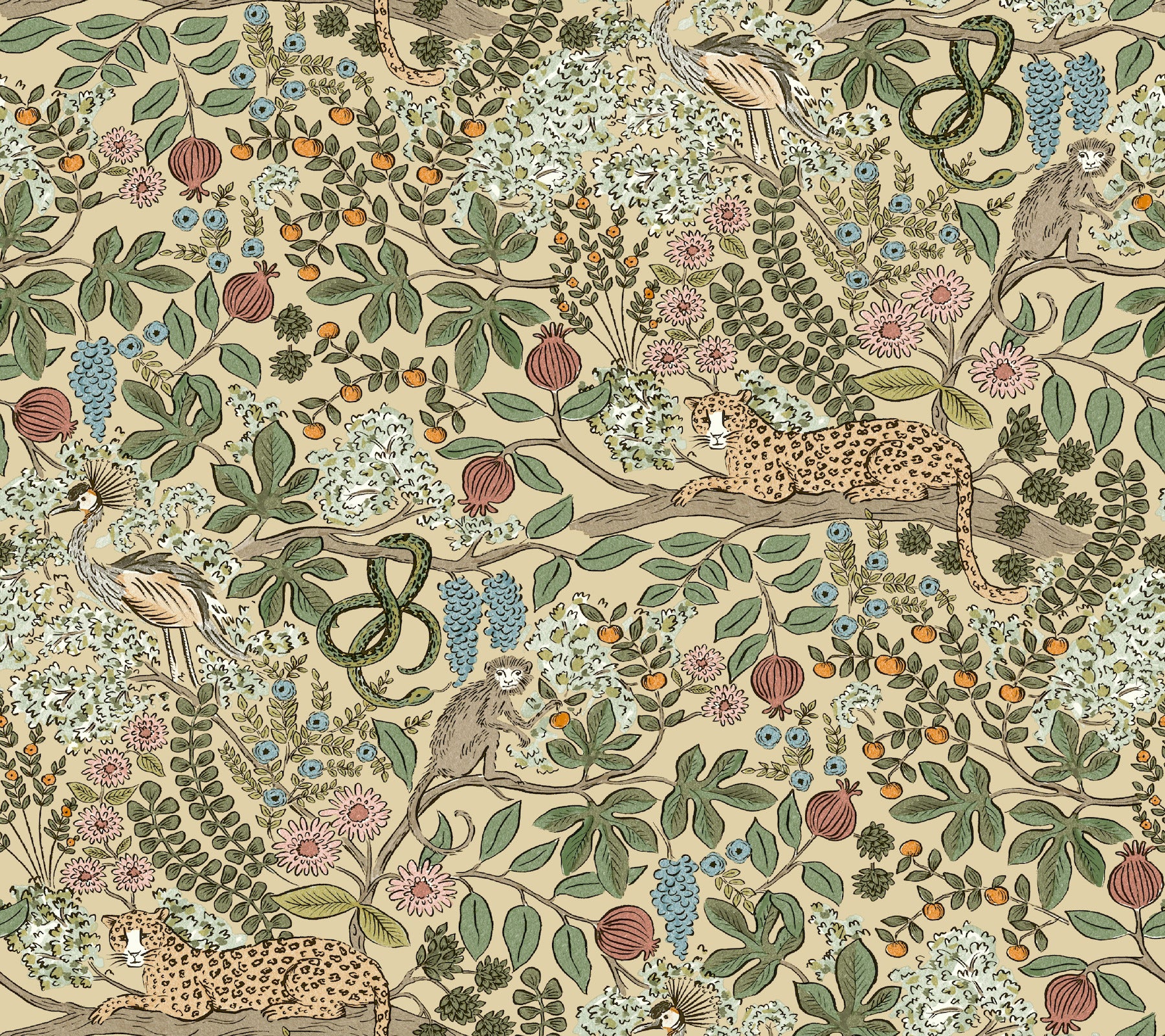 Safari Jungle Toile Peel and Stick wallpaper in beige color - pattern number PSW1679RL - by Rifle Paper Co in the Rifle Paper Co Fifth Edition Peel and Stick Wallpaper collection