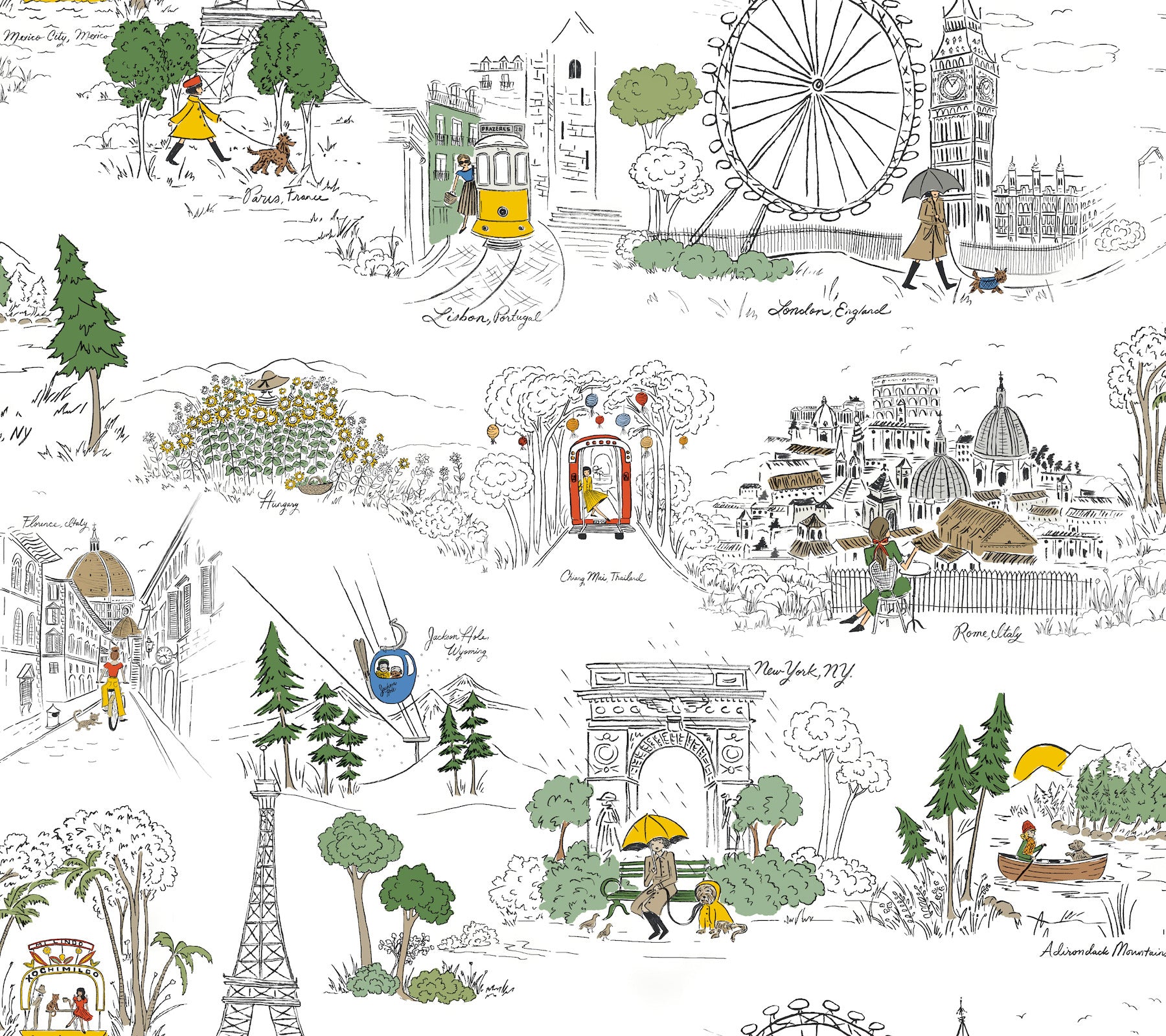 Travel Sketches Globetrotter Peel and Stick wallpaper in yellow color - pattern number PSW1683RL - by Rifle Paper Co in the Rifle Paper Co Fifth Edition Peel and Stick Wallpaper collection
