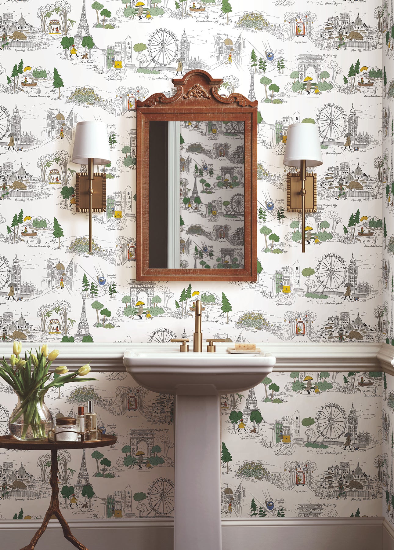 Travel Sketches Globetrotter Peel and Stick wallpaper in yellow color - pattern number PSW1683RL - by Rifle Paper Co in the Rifle Paper Co Fifth Edition Peel and Stick Wallpaper collection