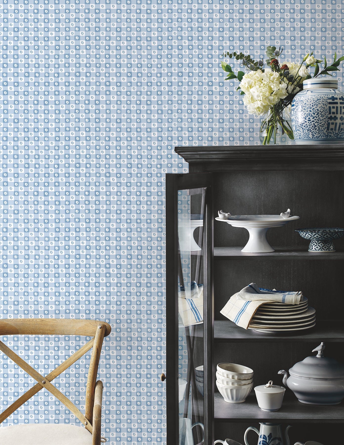 Daisy Gingham Floral Check Peel and Stick wallpaper in blue color - pattern number PSW1689RL - by Rifle Paper Co in the Rifle Paper Co Fifth Edition Peel and Stick Wallpaper collection
