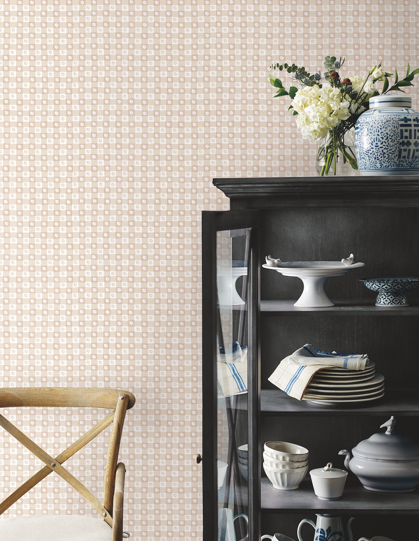Daisy Gingham Floral Check Peel and Stick wallpaper in blush color - pattern number PSW1690RL - by Rifle Paper Co in the Rifle Paper Co Fifth Edition Peel and Stick Wallpaper collection
