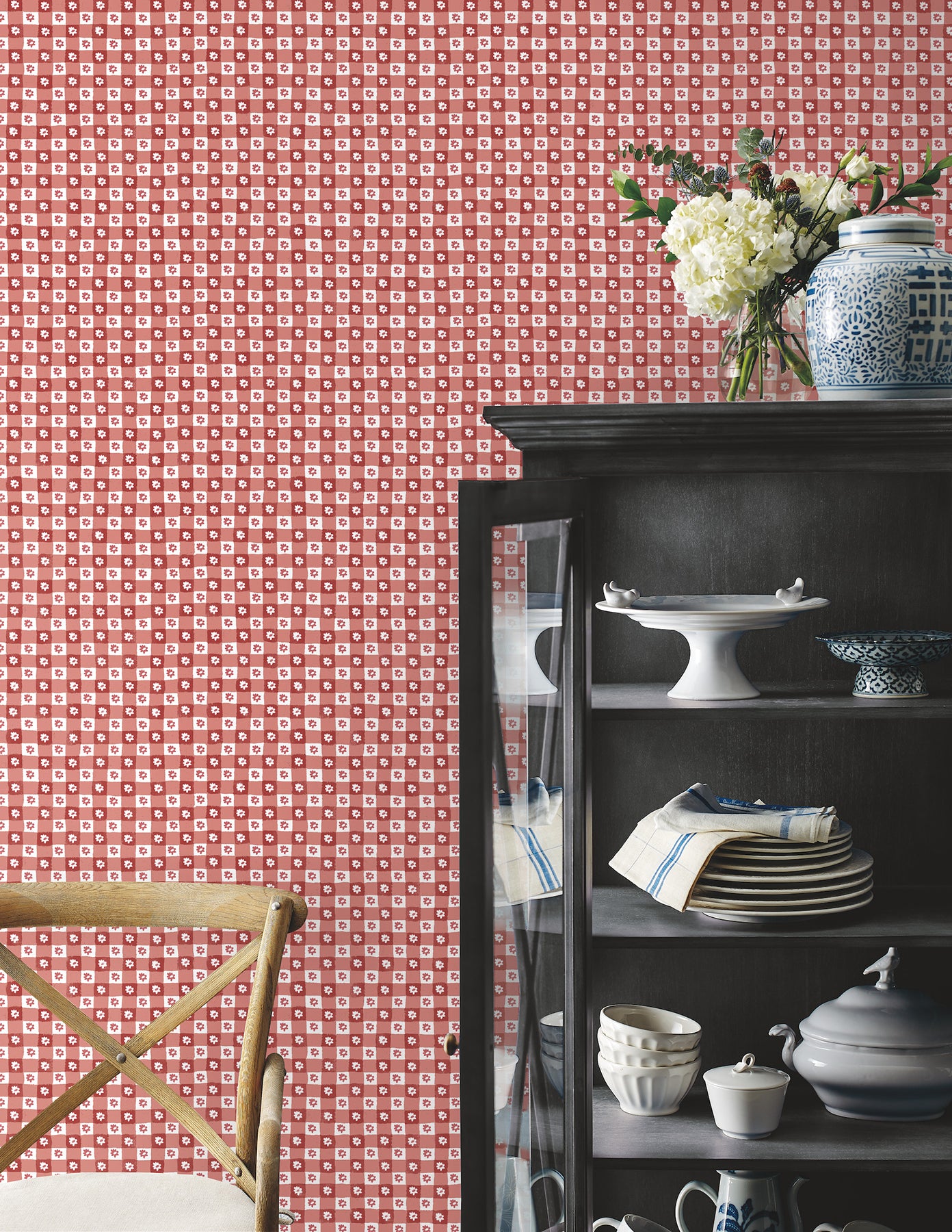 Daisy Gingham Floral Check Peel and Stick wallpaper in red color - pattern number PSW1691RL - by Rifle Paper Co in the Rifle Paper Co Fifth Edition Peel and Stick Wallpaper collection
