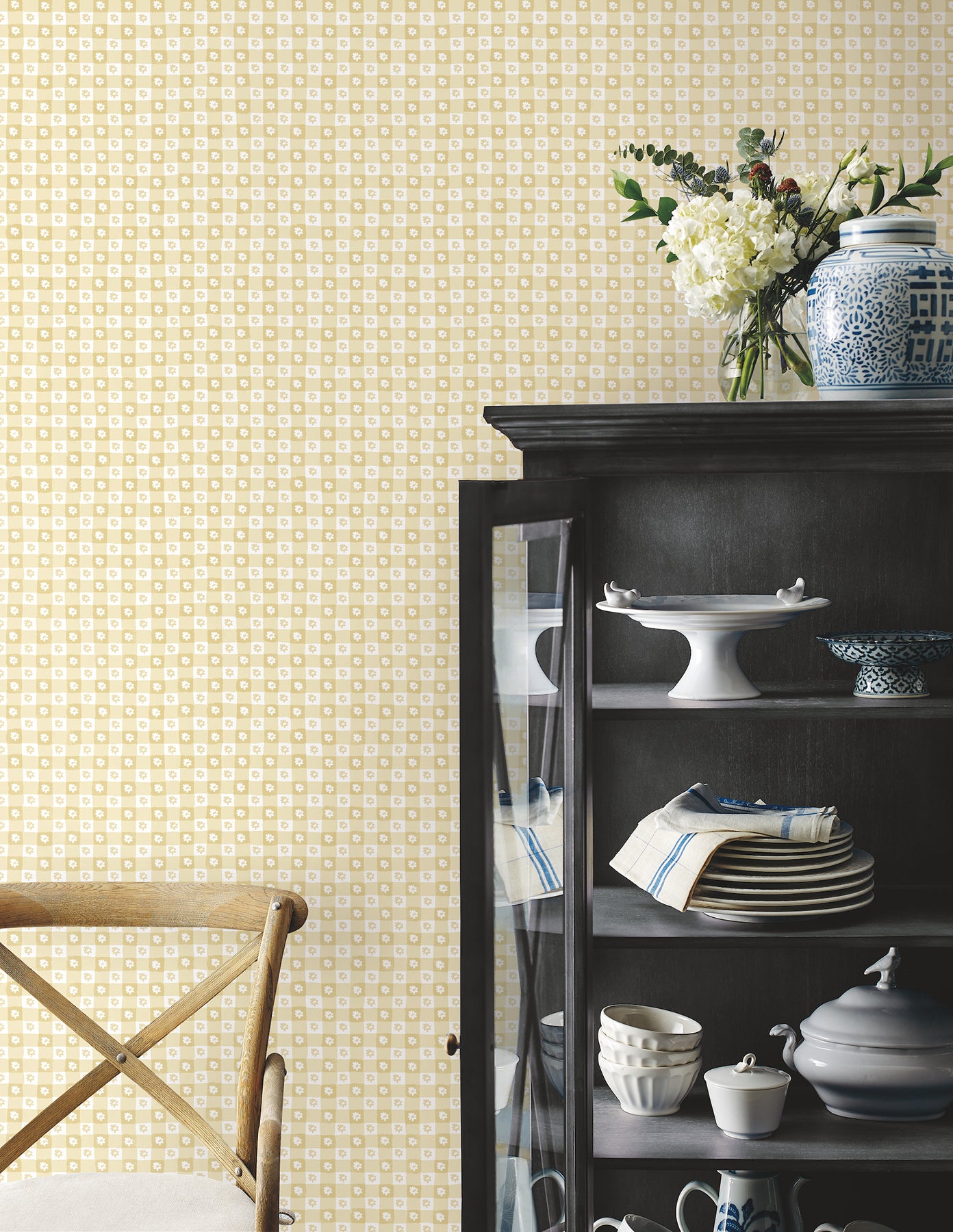 Daisy Gingham Floral Check Peel and Stick wallpaper in yellow color - pattern number PSW1692RL - by Rifle Paper Co in the Rifle Paper Co Fifth Edition Peel and Stick Wallpaper collection