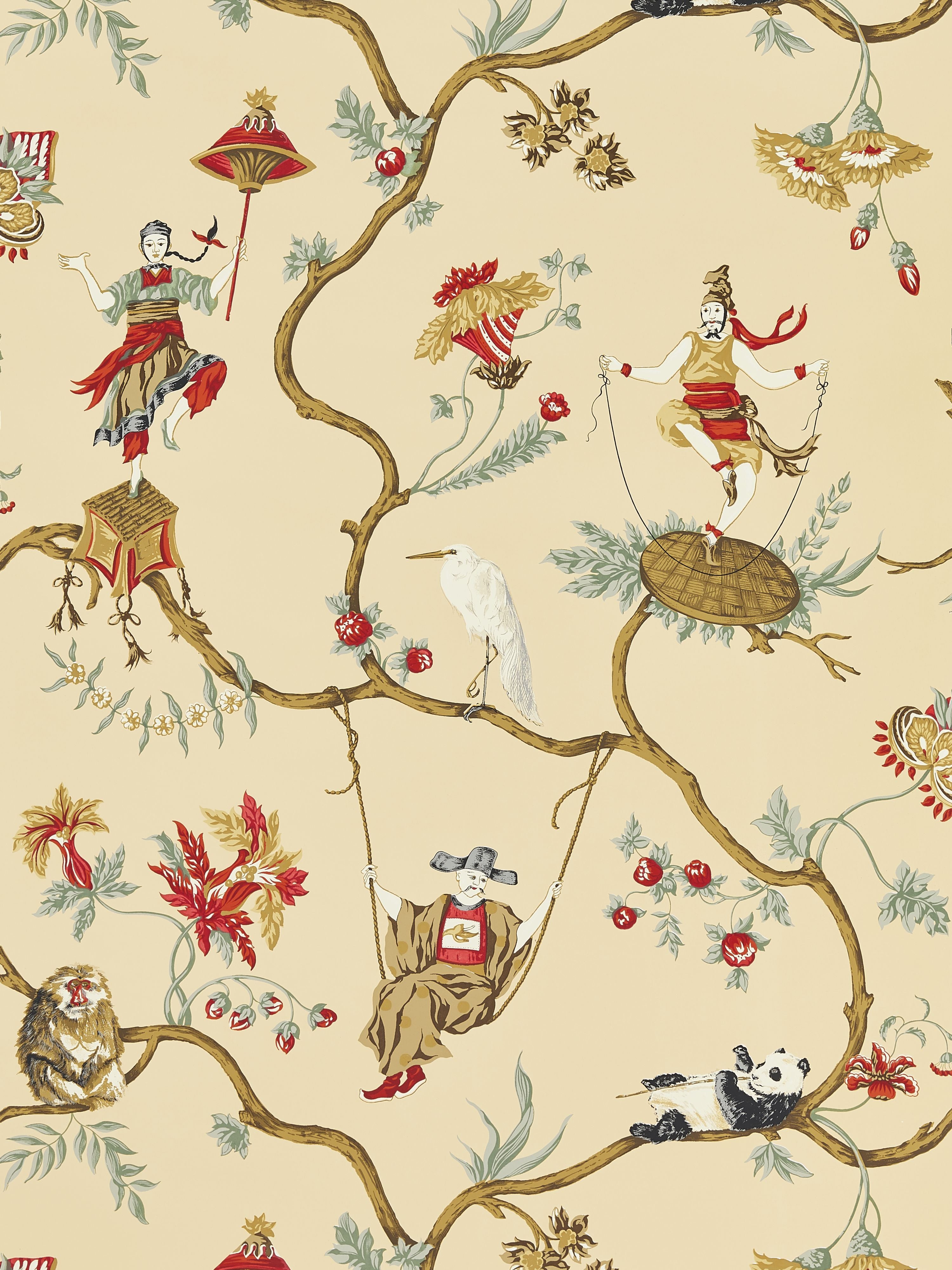 Ming Circus wallpaper in multi on tea color - pattern number SC 0004WP81605 - by Scalamandre in the collection