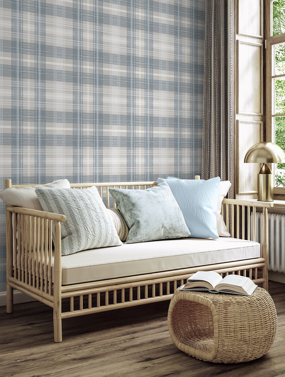 Crossroads Plaid Peel and Stick wallpaper in argos grey and blue color - pattern number SG13102 - by NextWall in the Peel and Stick Wallpaper by Stacy Garcia Sojourn Collection 6 collection