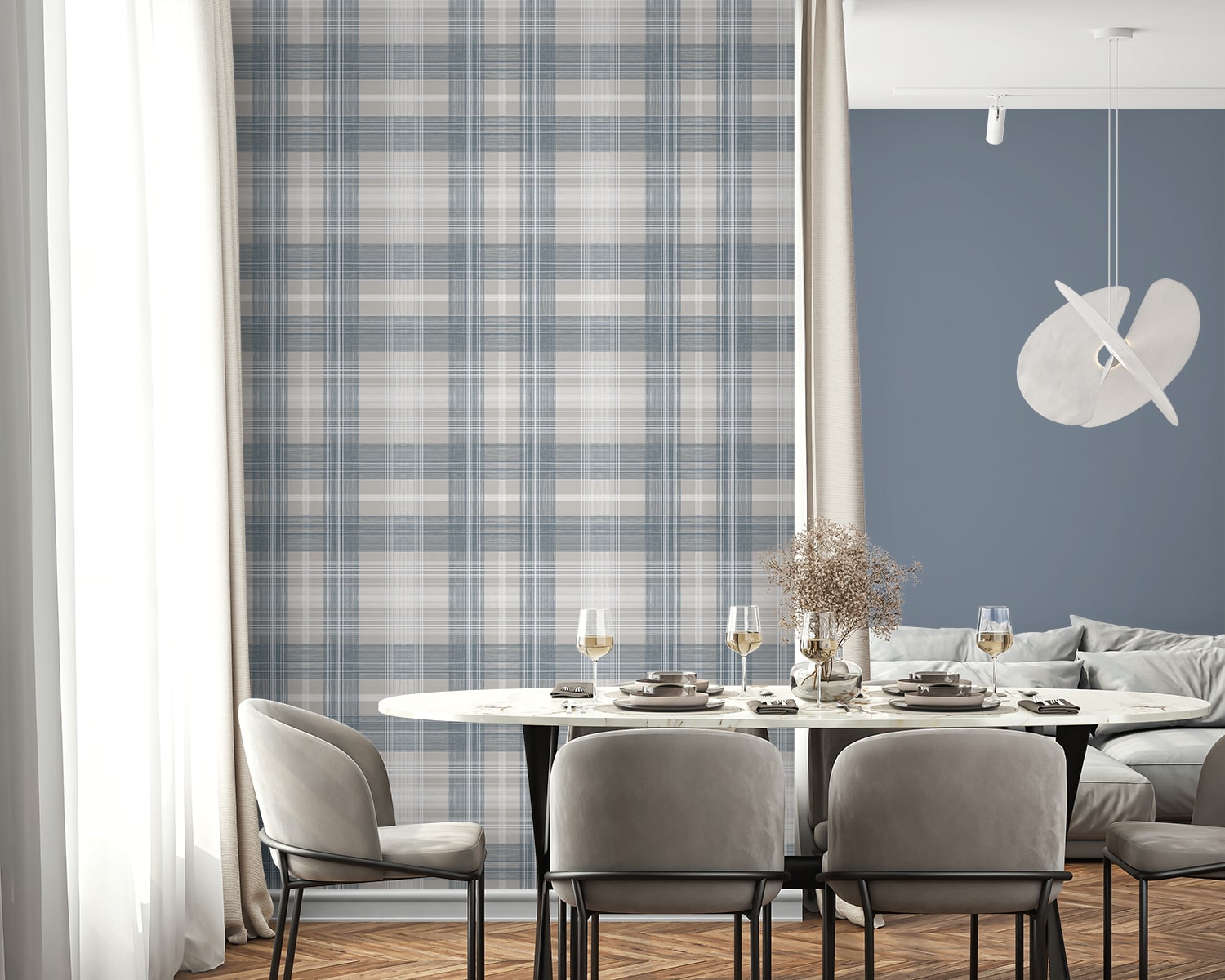 Crossroads Plaid Peel and Stick wallpaper in argos grey and blue color - pattern number SG13102 - by NextWall in the Peel and Stick Wallpaper by Stacy Garcia Sojourn Collection 6 collection