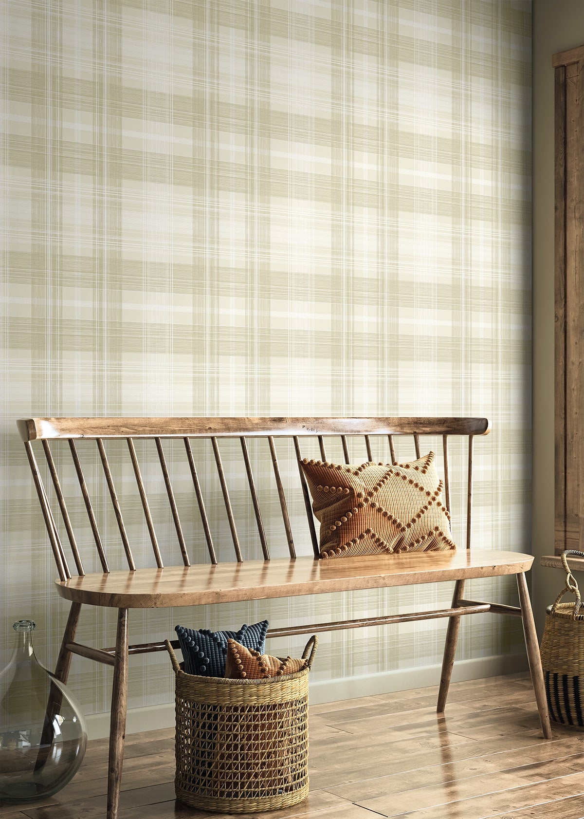 Crossroads Plaid Peel and Stick wallpaper in sand dollar color - pattern number SG13107 - by NextWall in the Peel and Stick Wallpaper by Stacy Garcia Sojourn Collection 6 collection