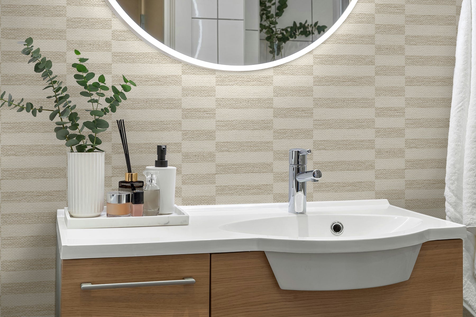 Faux Woven Stripe Peel and Stick wallpaper in natural color - pattern number SG13207 - by NextWall in the Peel and Stick Wallpaper by Stacy Garcia Sojourn Collection 6 collection