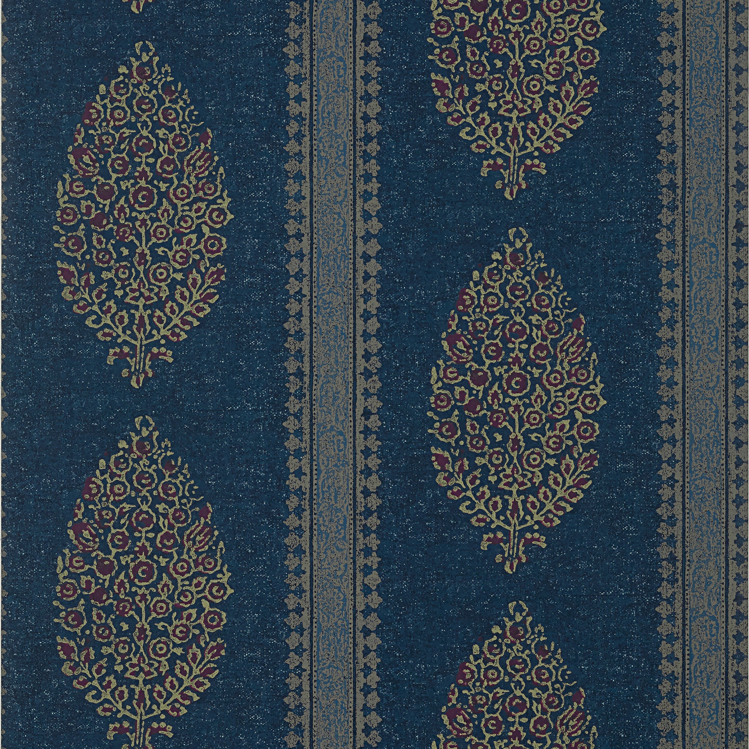 Chappana fabric in navy and red color - pattern number T10238 - by Thibaut in the Colony collection