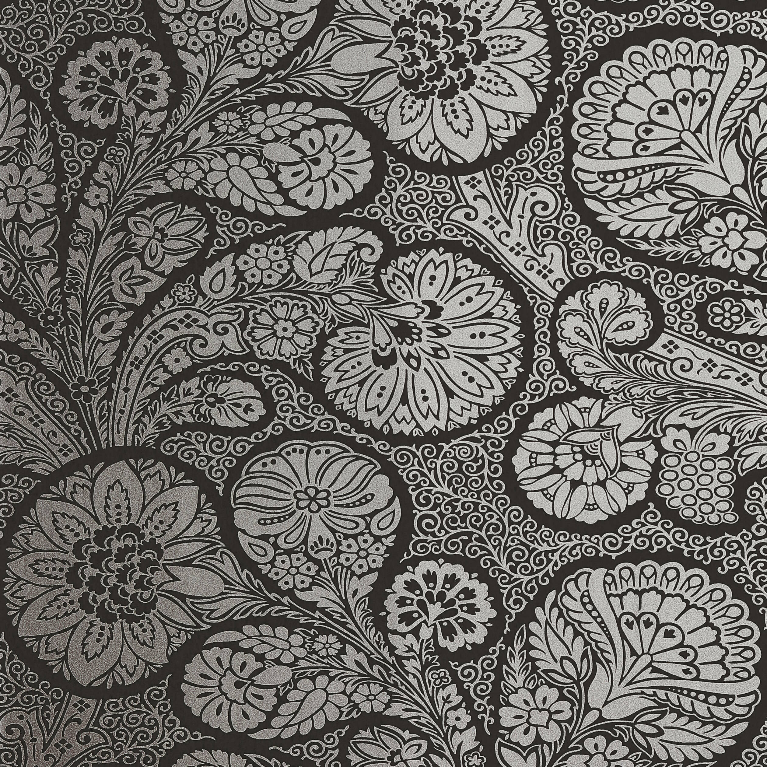 Troubadour wallpaper in metallic silver on black color - pattern number T13063 - by Thibaut in the Monterey by Thibaut collection