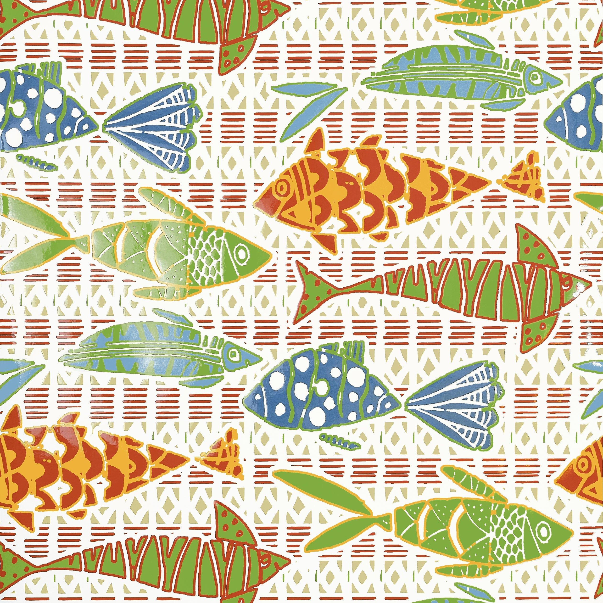 Batik Fish wallpaper in coral and blue color - pattern number T15869 - by Thibaut in the Islander collection