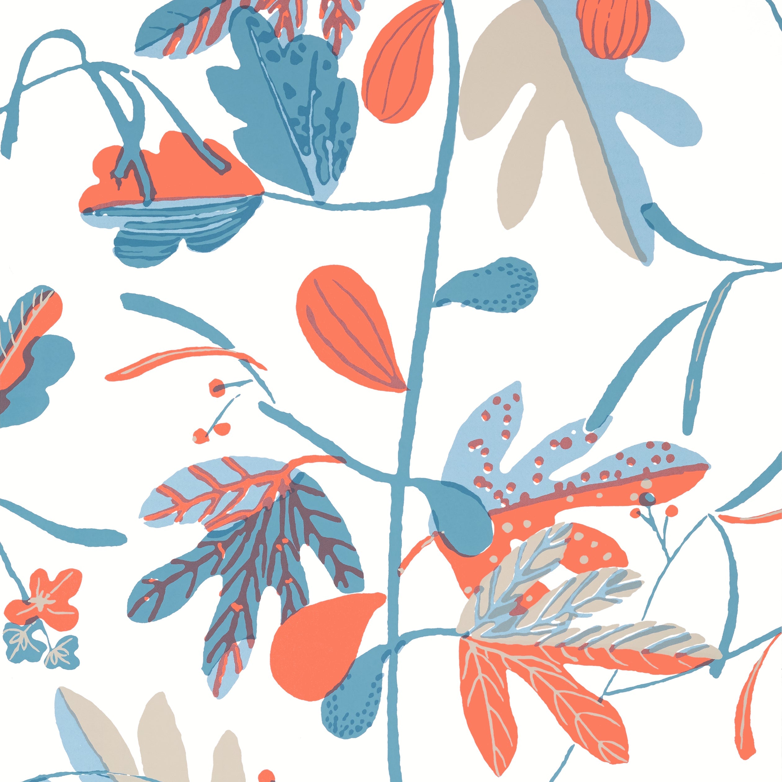 Matisse Leaf fabric in french blue and coral color - pattern number T16207 - by Thibaut in the Kismet by Thibaut collection